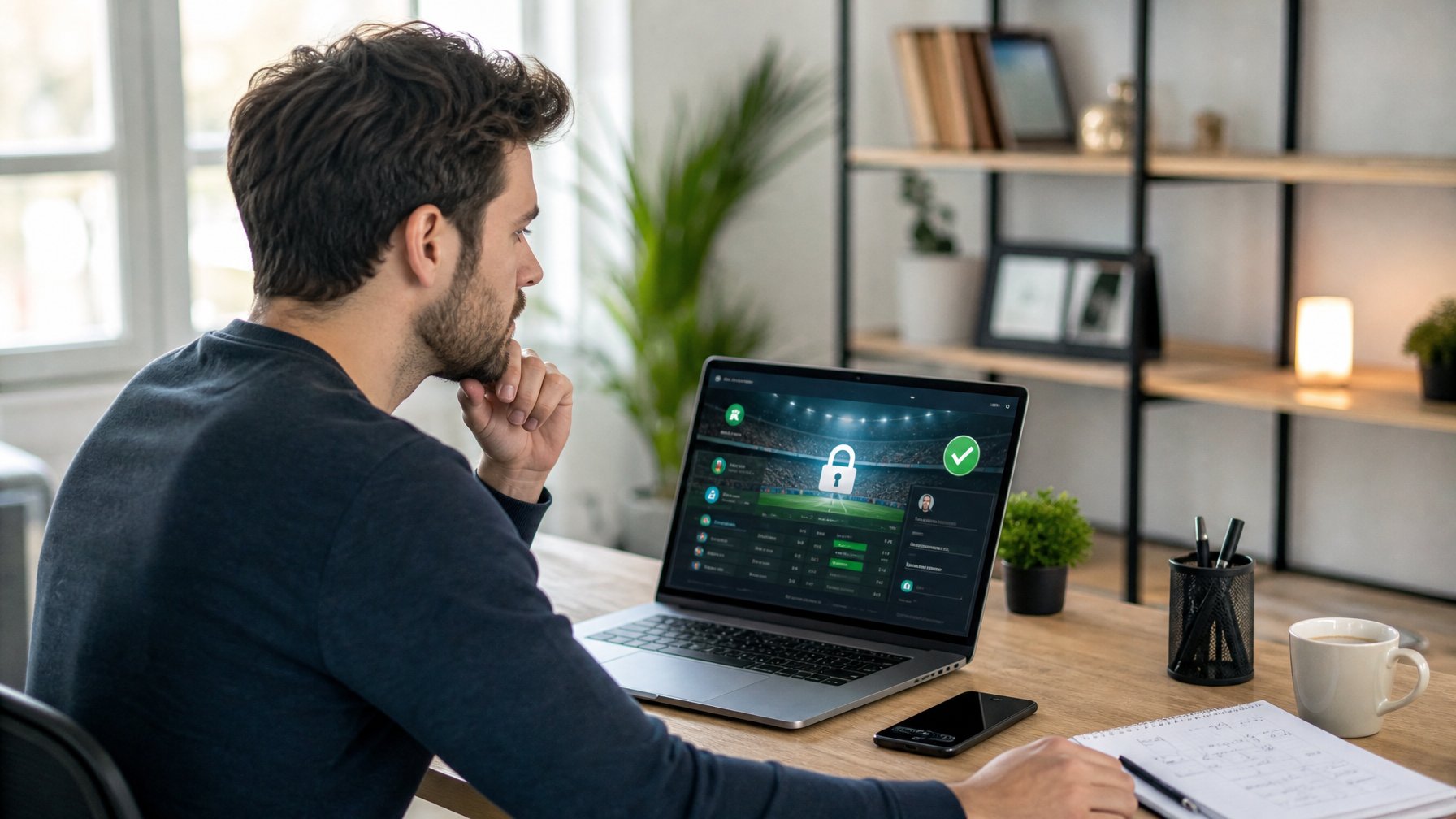 Seorang pria muda duduk di meja kerja dengan laptop, terlihat fokus memilih situs taruhan online yang aman.