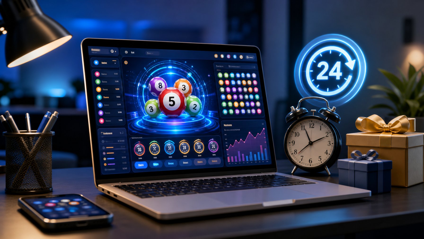 Seorang pria menggunakan laptop di meja kerja dengan tampilan antarmuka taruhan online dan elemen simbol bonus serta layanan 24 jam di sekitarnya.