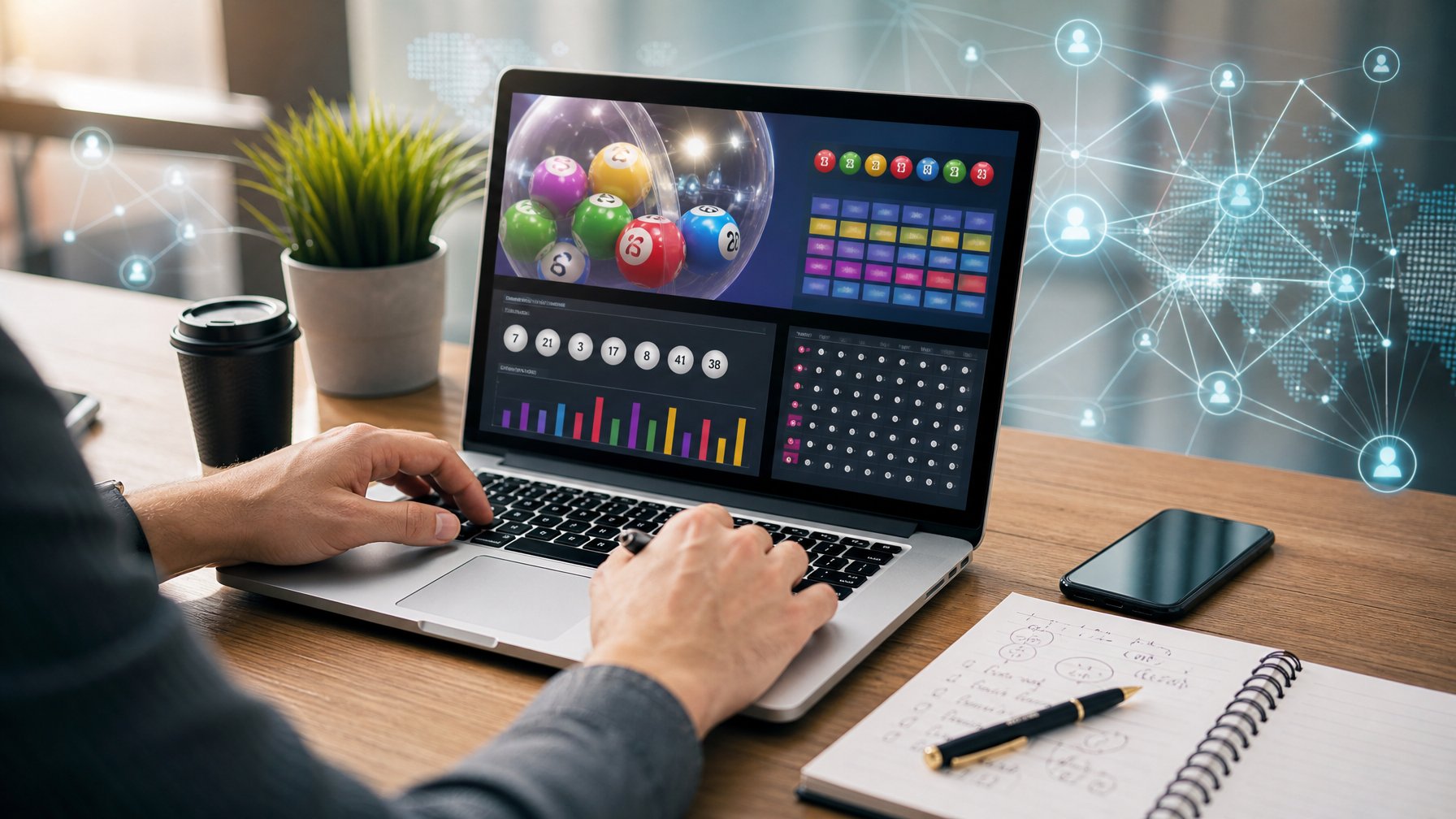 Tangan seseorang menggunakan laptop dengan tampilan permainan togel online di meja kerja yang rapi.