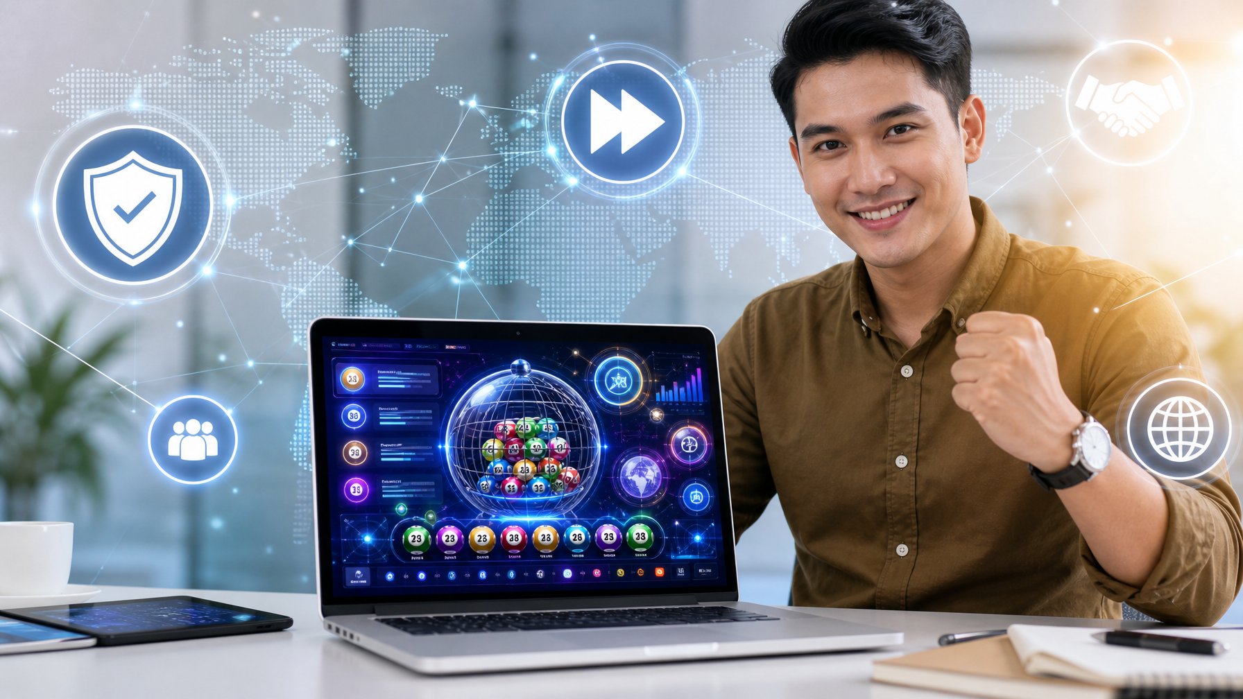 Seseorang menggunakan laptop dengan tampilan antarmuka lotre digital yang modern dan berwarna-warni di meja kerja yang rapi.