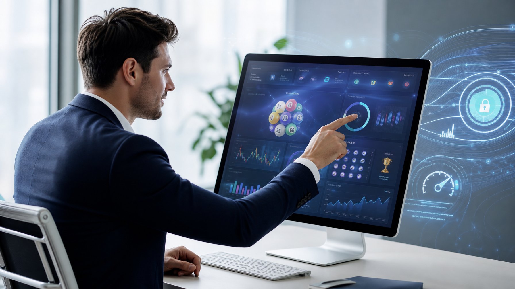 Seorang profesional menggunakan komputer dengan tampilan antarmuka platform lotere online yang modern dan canggih di ruang kantor yang terang.