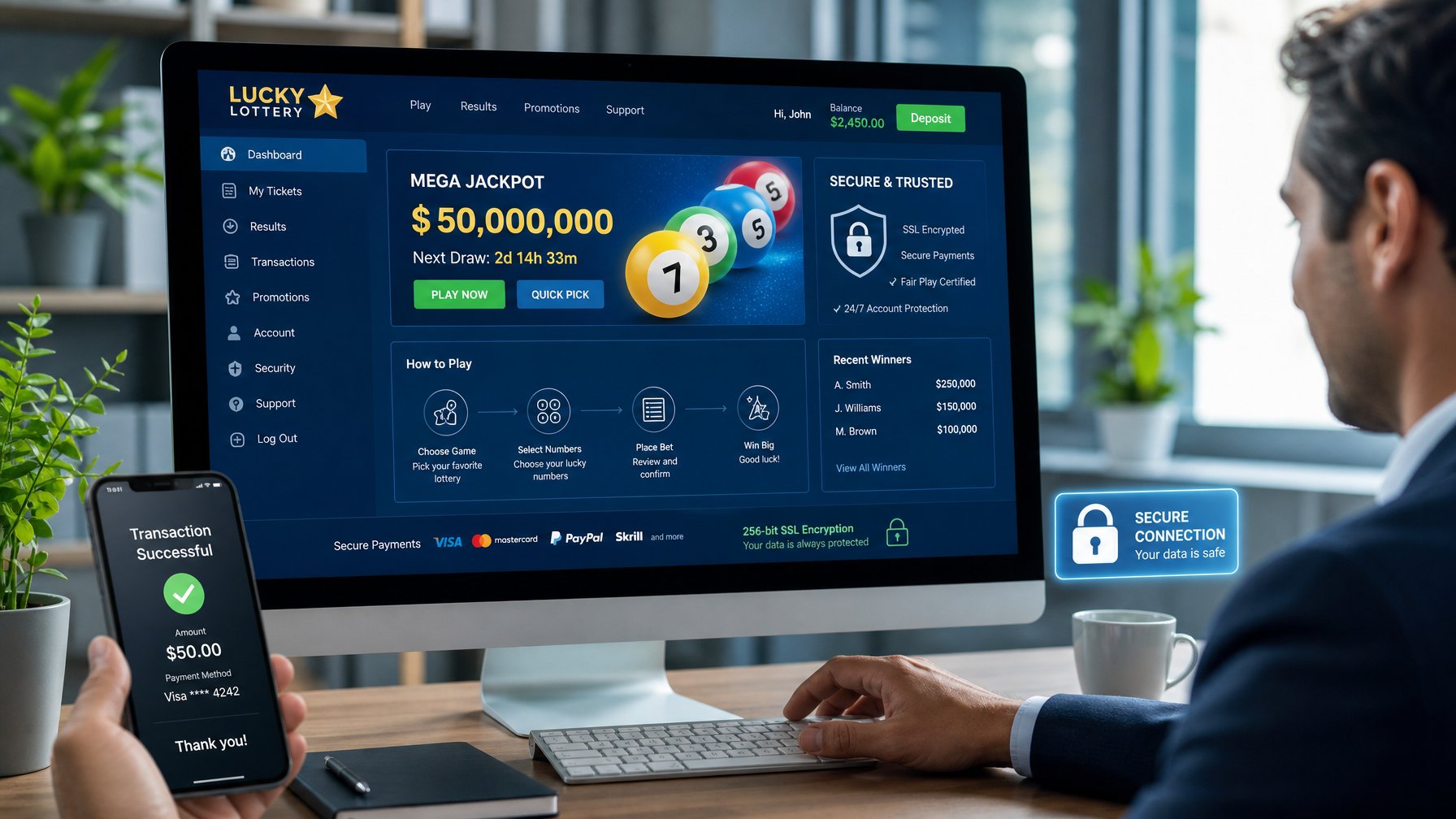 Seorang profesional menggunakan komputer dengan layar yang menampilkan platform taruhan online yang aman dan mudah digunakan di kantor modern.