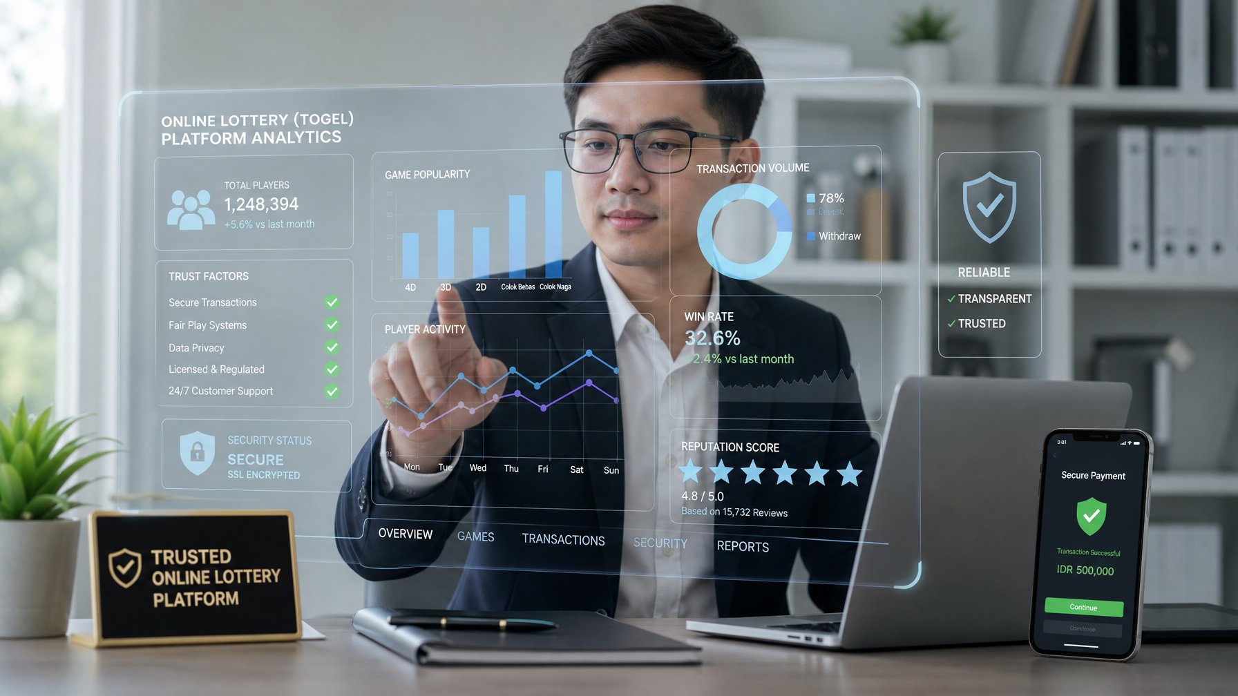 Seseorang sedang menganalisis data di layar digital tentang faktor kepercayaan memilih bandar togel online di kantor modern.