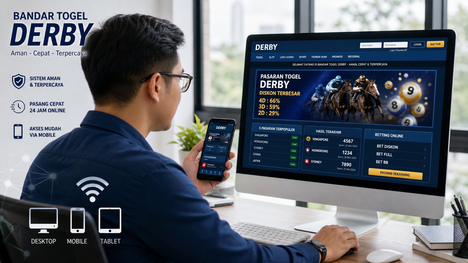 Seseorang menggunakan ponsel dan komputer desktop untuk mengakses layanan togel online di ruang kerja modern.