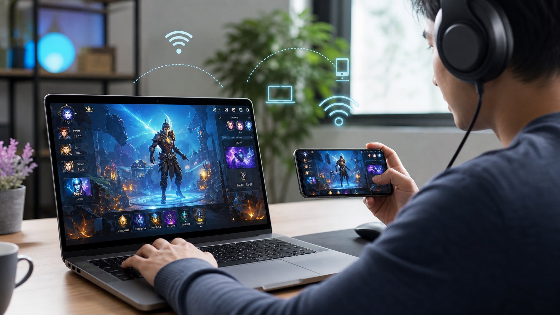 Seseorang menggunakan laptop dan ponsel untuk bermain game online dengan latar ruang kerja modern.
