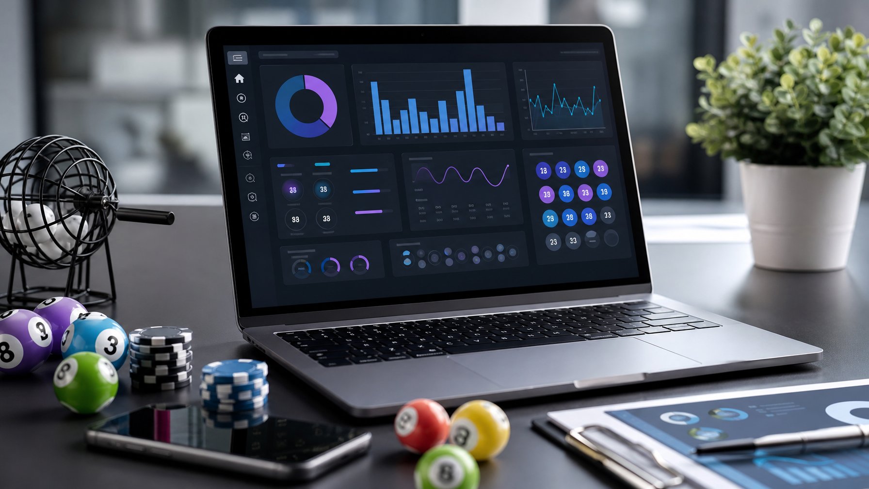 Seorang profesional sedang menggunakan laptop di meja kerja modern dengan grafik dan ikon yang menunjukkan layanan dan fitur taruhan togel online.