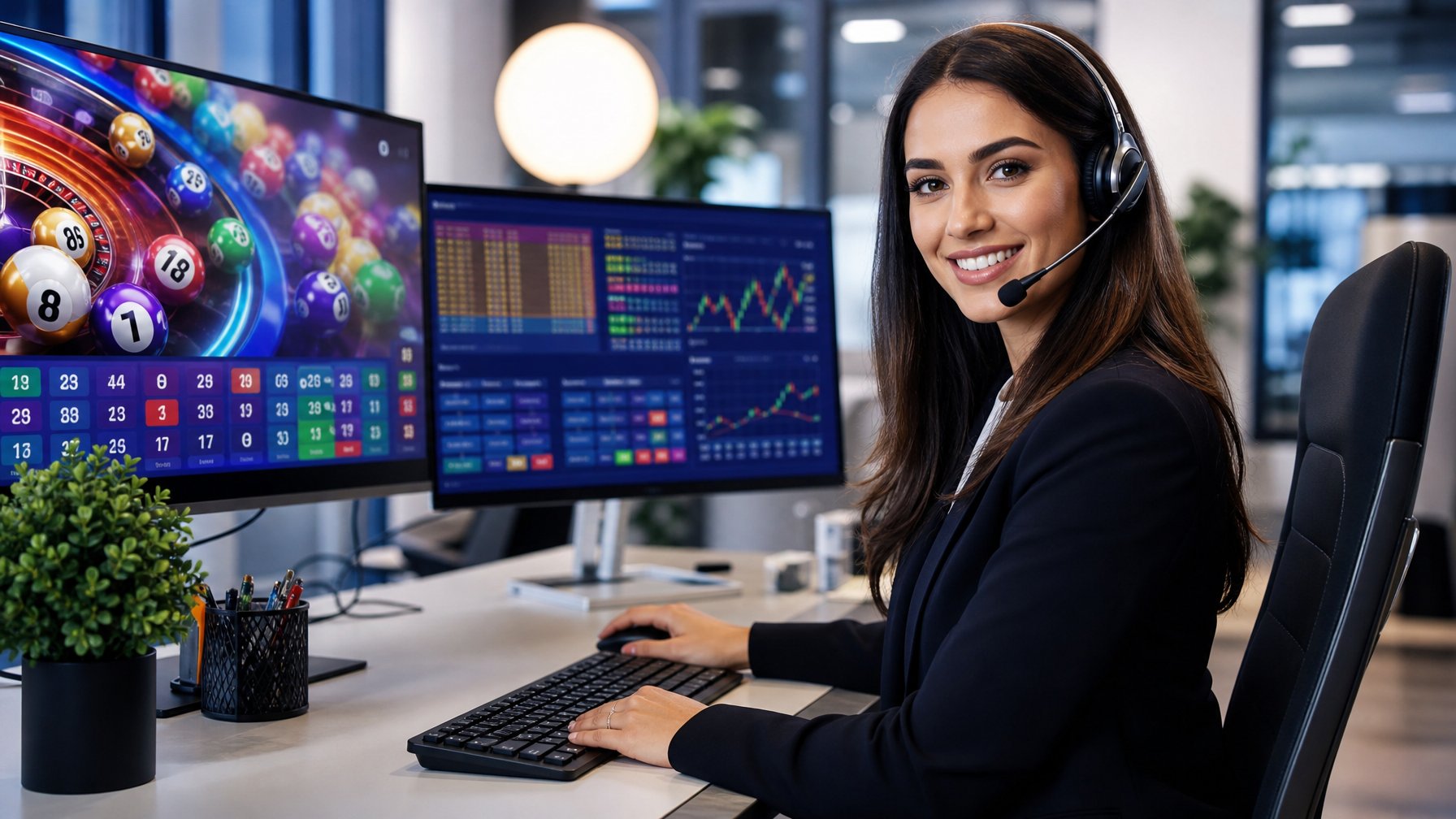 Seorang staf layanan pelanggan profesional sedang bekerja dengan komputer di kantor modern yang terang dan rapi.