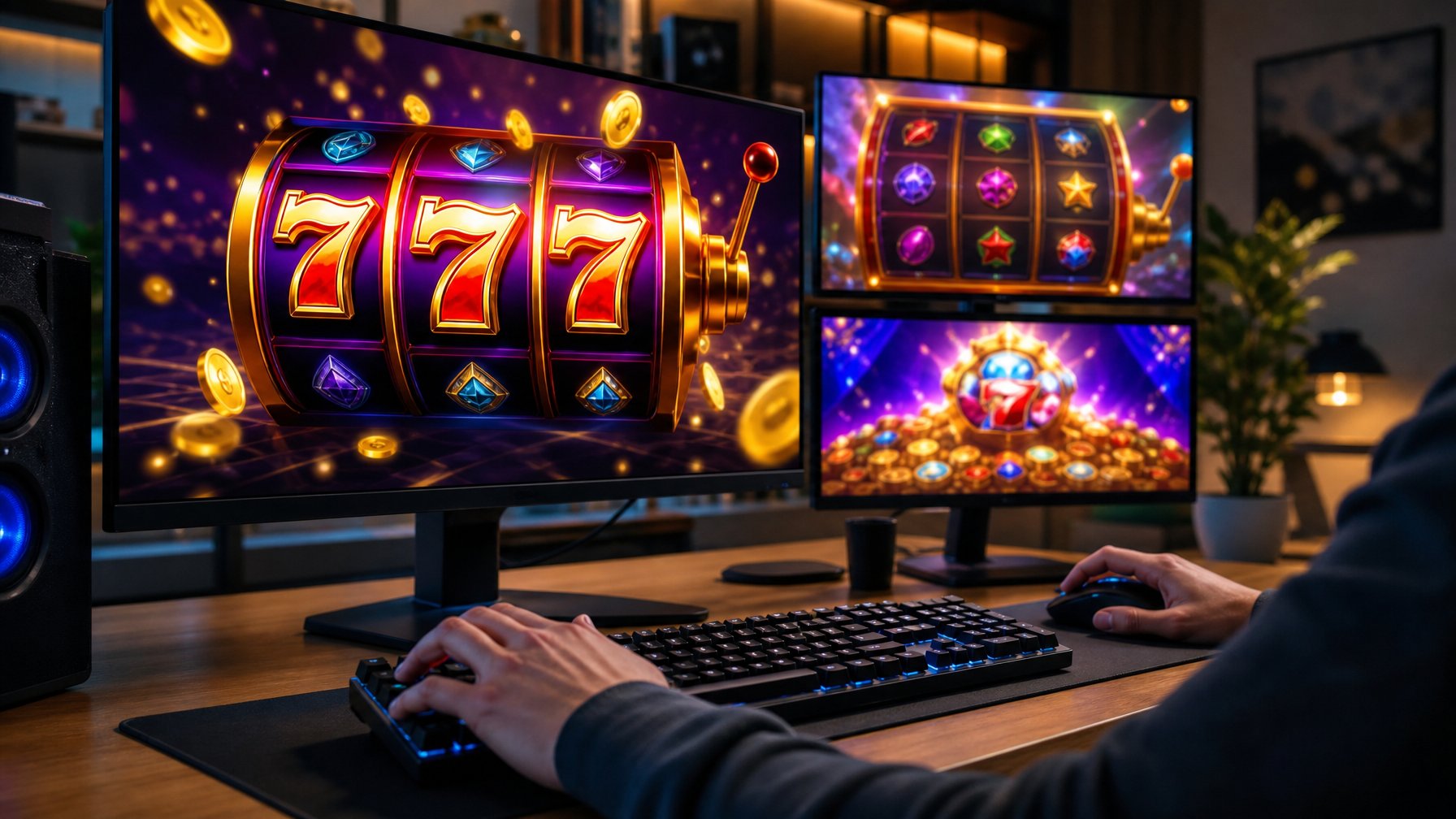 Seseorang menggunakan komputer dengan layar yang menampilkan permainan slot online dengan angka 777.