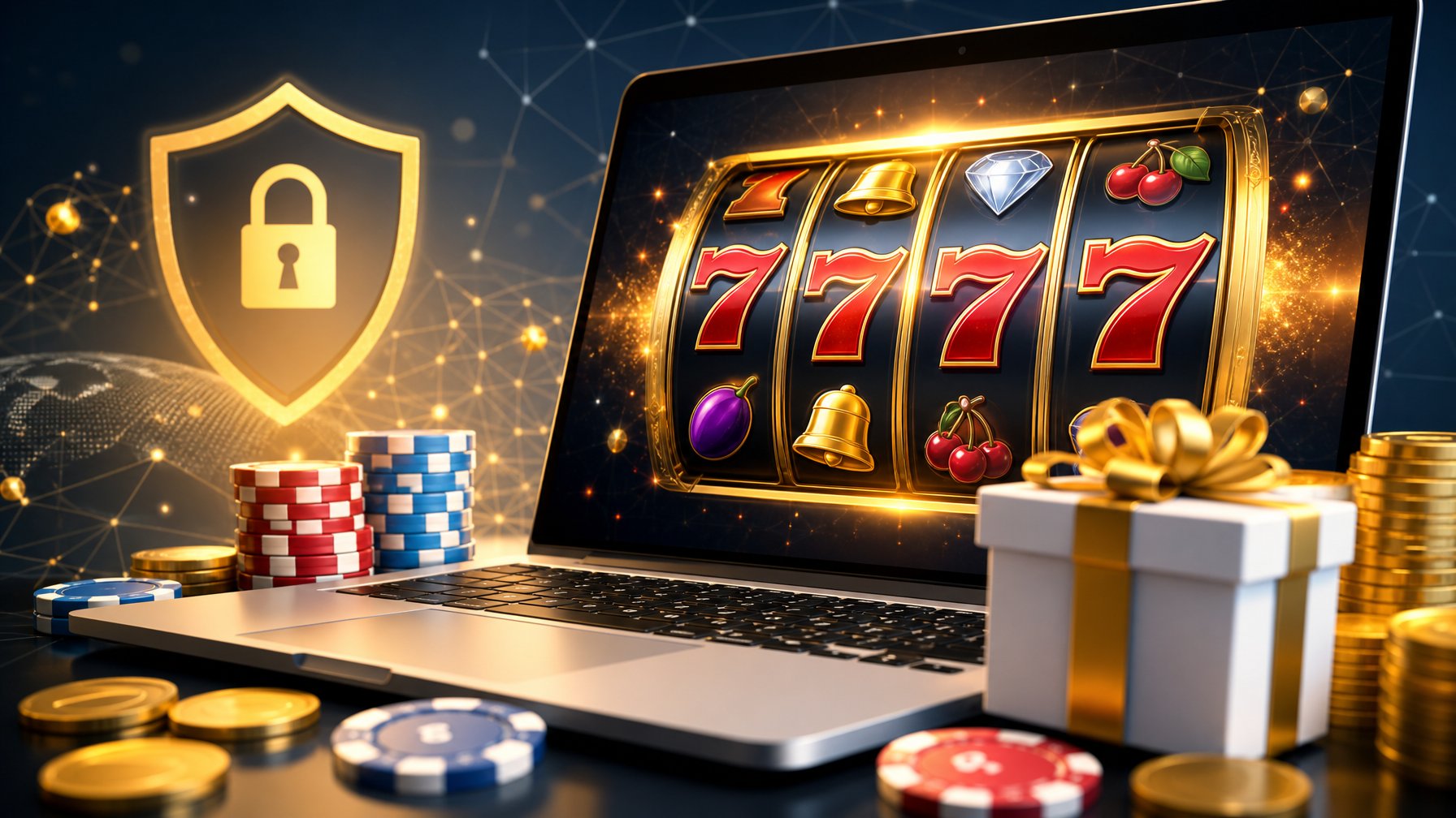 Tampilan antarmuka kasino online modern dengan gulungan mesin slot berwarna-warni dan ikon keamanan digital di latar belakang.