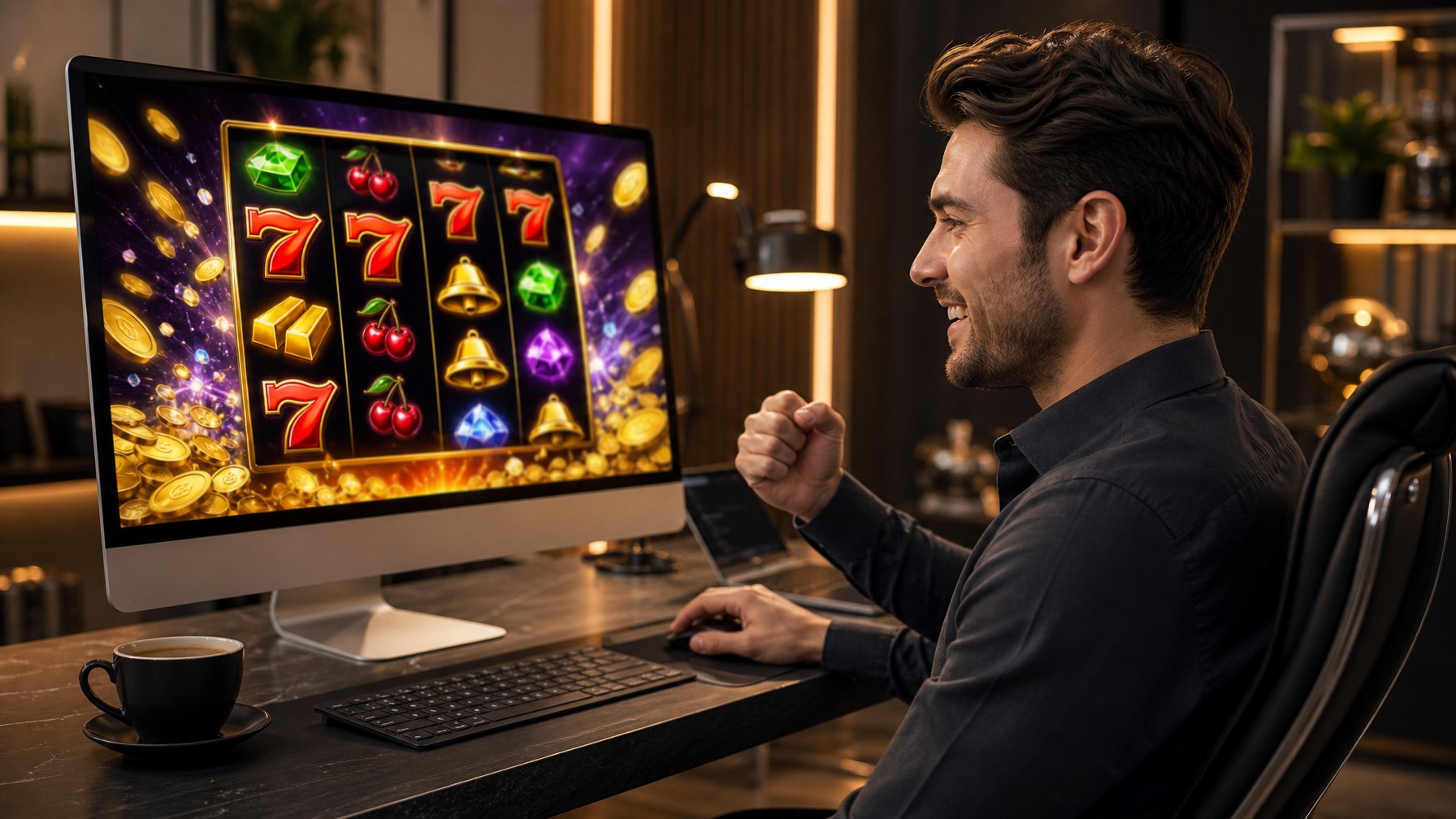 Seorang pemain muda tersenyum sambil bermain mesin slot online di komputer dalam ruangan yang nyaman dan modern.