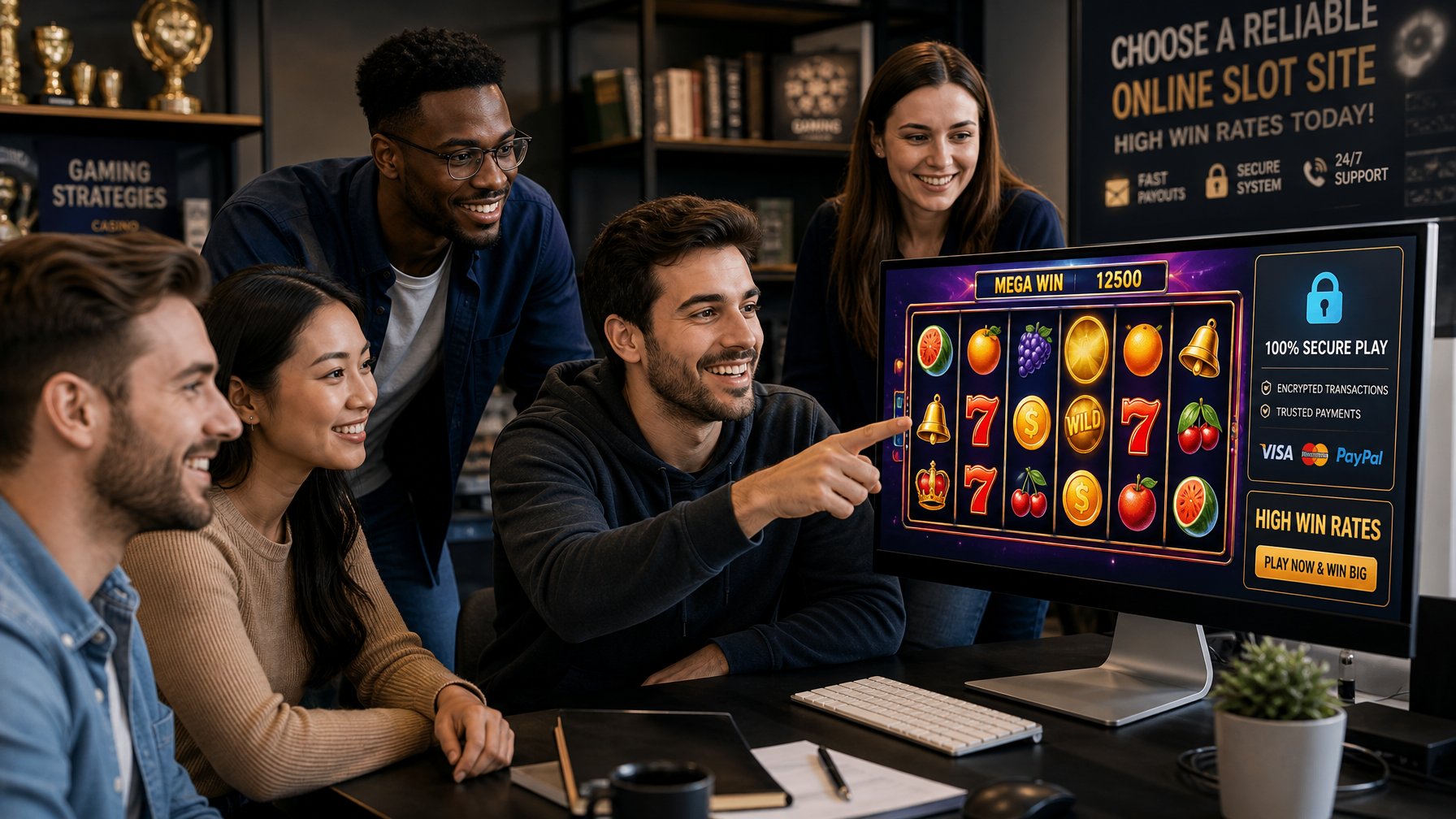 Sekelompok orang sedang melihat layar komputer yang menampilkan permainan slot online dengan simbol warna-warni di kantor modern.