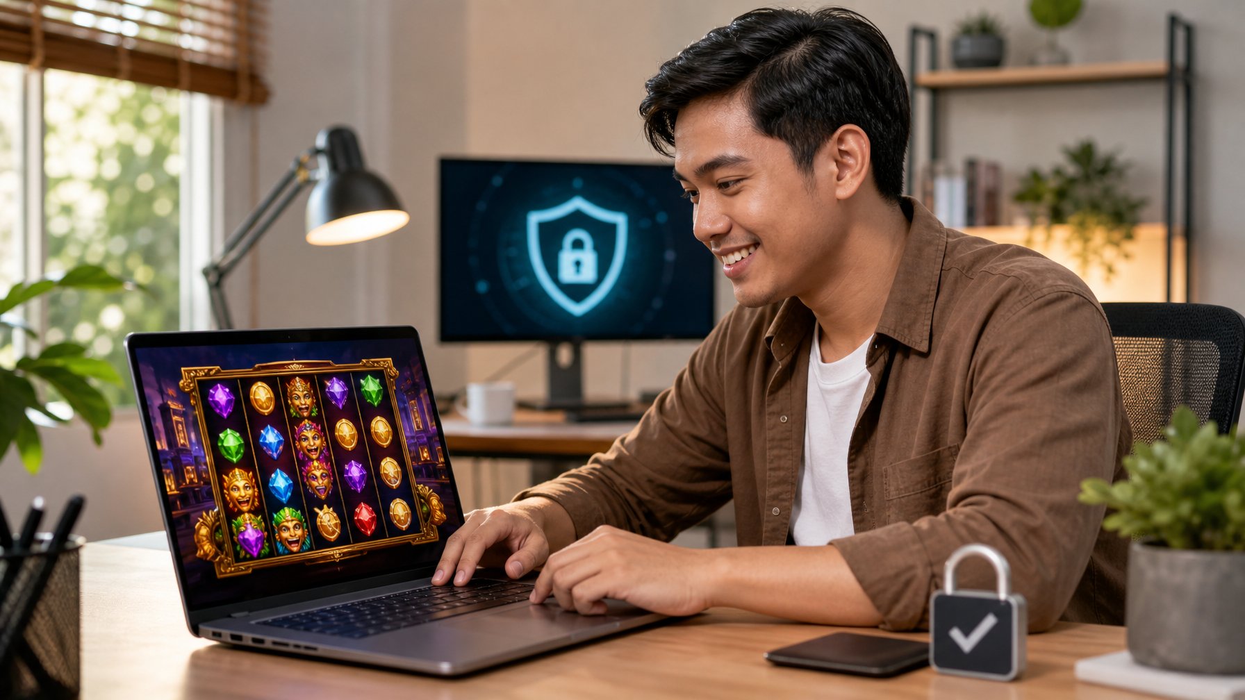 Seorang pria muda Indonesia duduk di depan laptop yang menampilkan permainan slot online, di ruang kerja yang rapi dan terang dengan elemen keamanan di latar belakang.