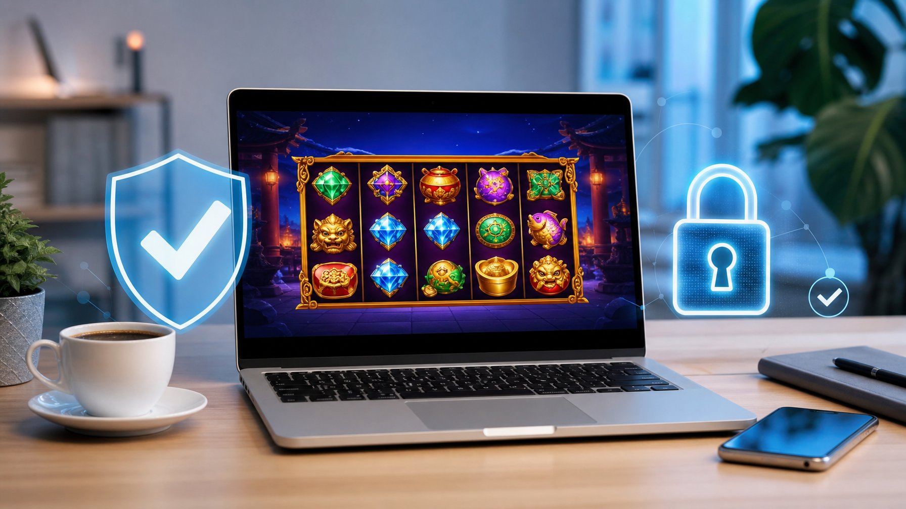 Seorang pengguna sedang bermain permainan slot online di laptop dengan simbol keamanan seperti gembok dan perisai di sekitarnya.