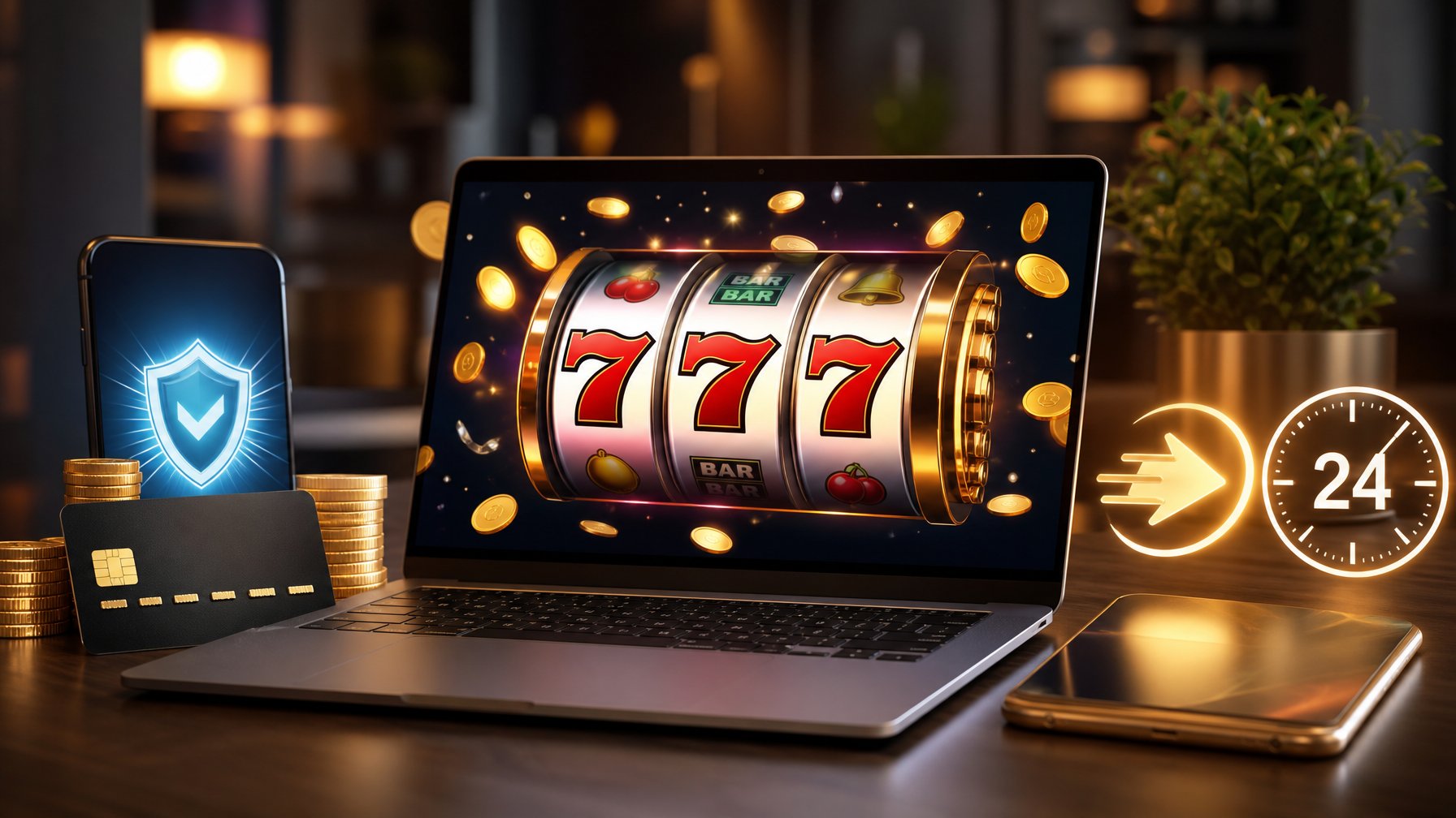 Seorang pengguna sedang bermain mesin slot online di laptop dengan latar belakang suasana nyaman dan simbol transaksi cepat.