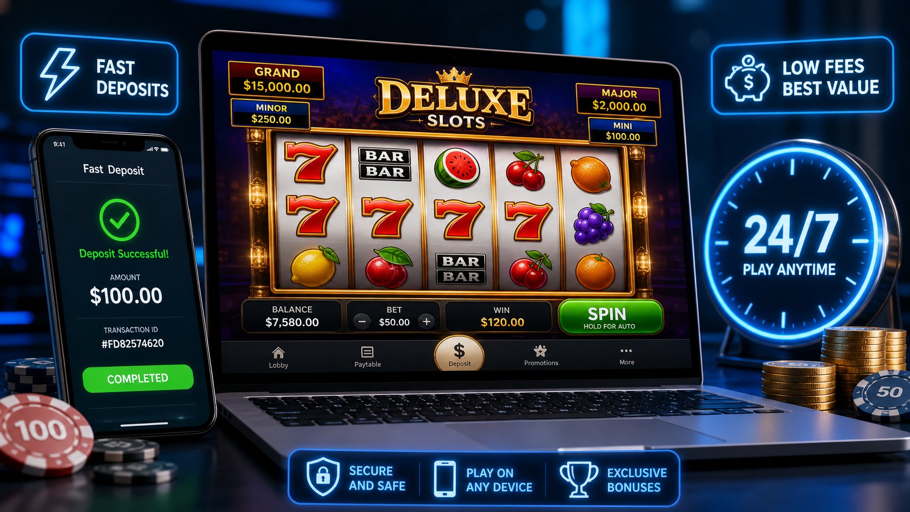Layar komputer menampilkan permainan slot online dengan simbol warna-warni, ponsel menunjukkan transaksi cepat, dan jam yang menunjukkan layanan 24 jam.