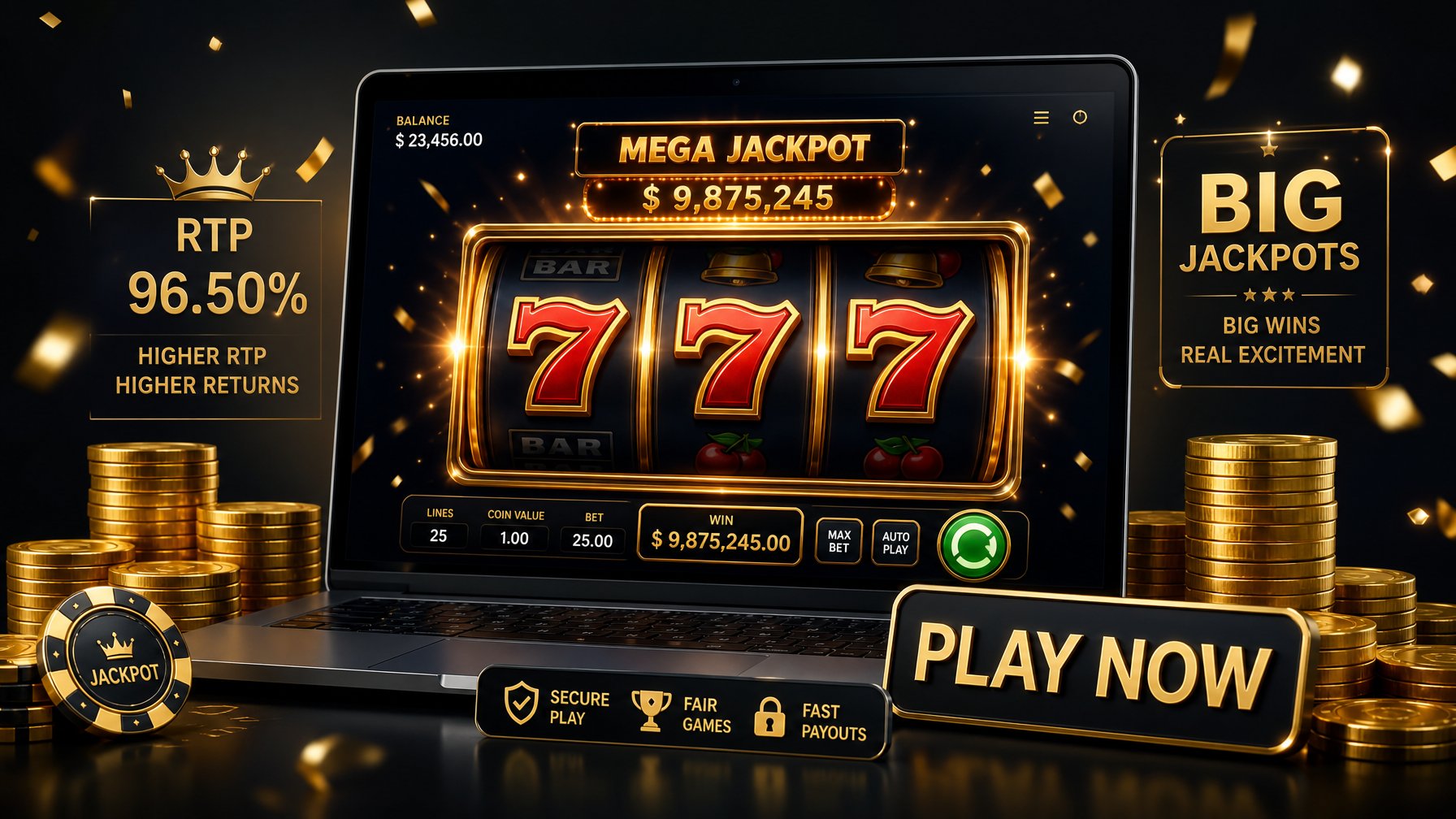 Mesin slot digital dengan angka 777 yang menyala, dikelilingi oleh tumpukan koin emas dan lampu berkilau di latar belakang gelap.