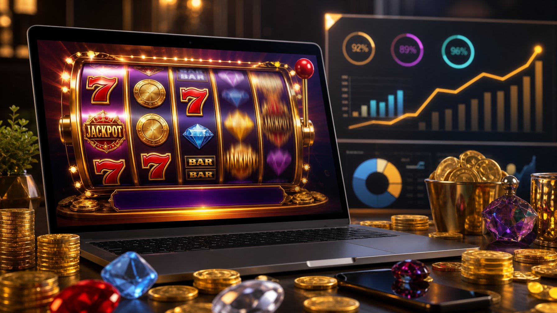 Sebuah komputer dengan layar menampilkan permainan slot online dengan simbol jackpot dan koin emas di sekitarnya.