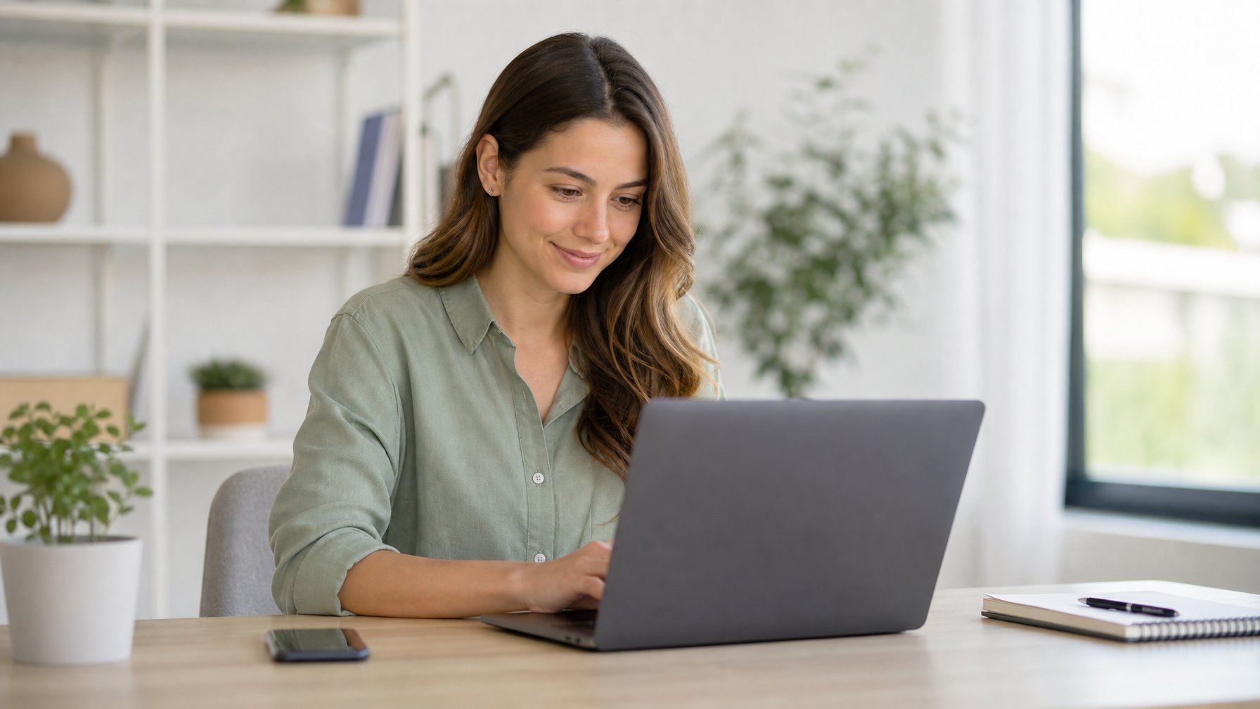 Seorang wanita muda duduk di meja kerja dengan laptop dan ponsel, terlihat fokus dan tersenyum di ruang kantor rumah yang terang dan rapi.