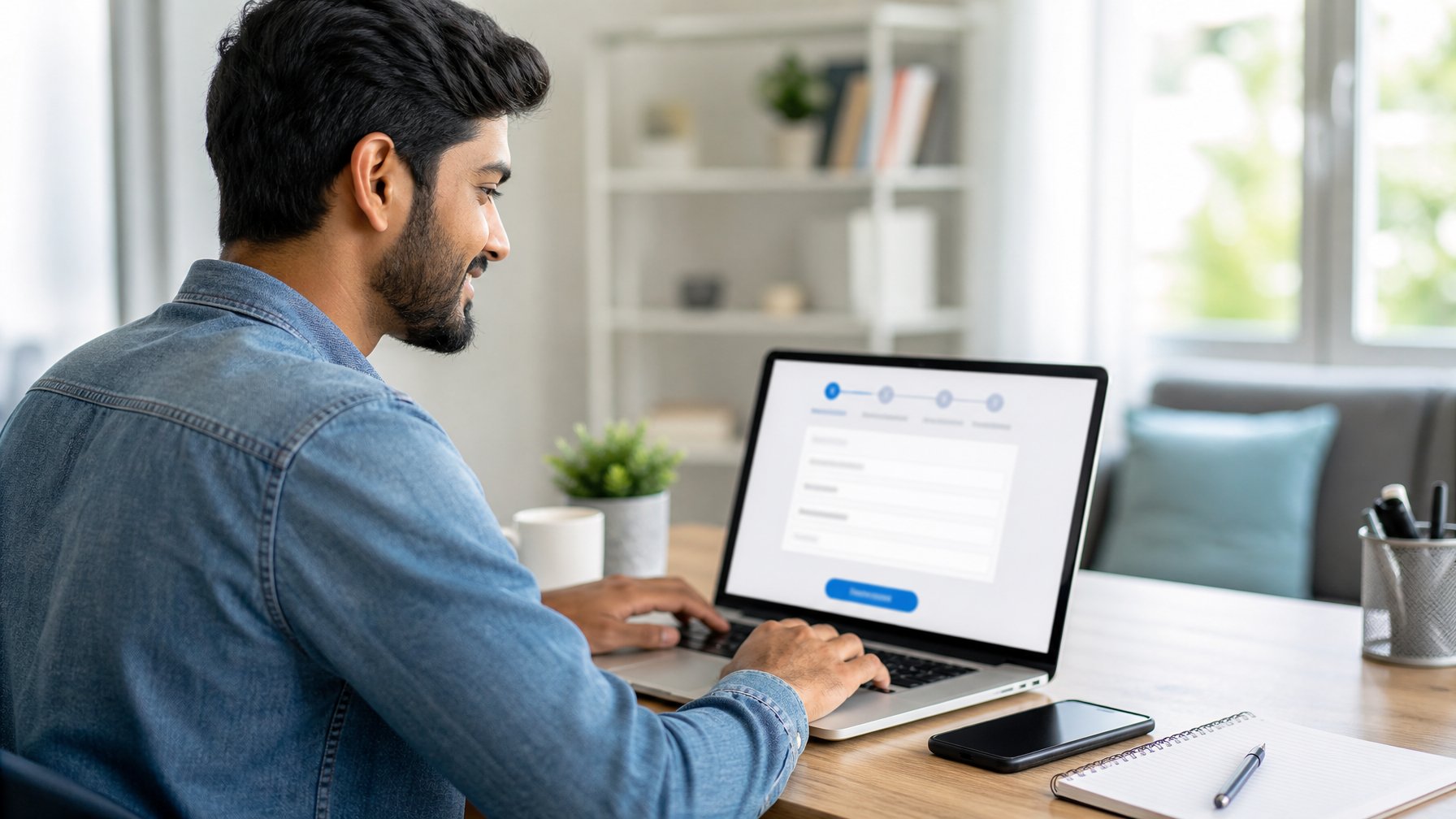 Seseorang sedang duduk di depan laptop di meja kerja dengan alat tulis dan ponsel, terlihat fokus menyiapkan pendaftaran online.