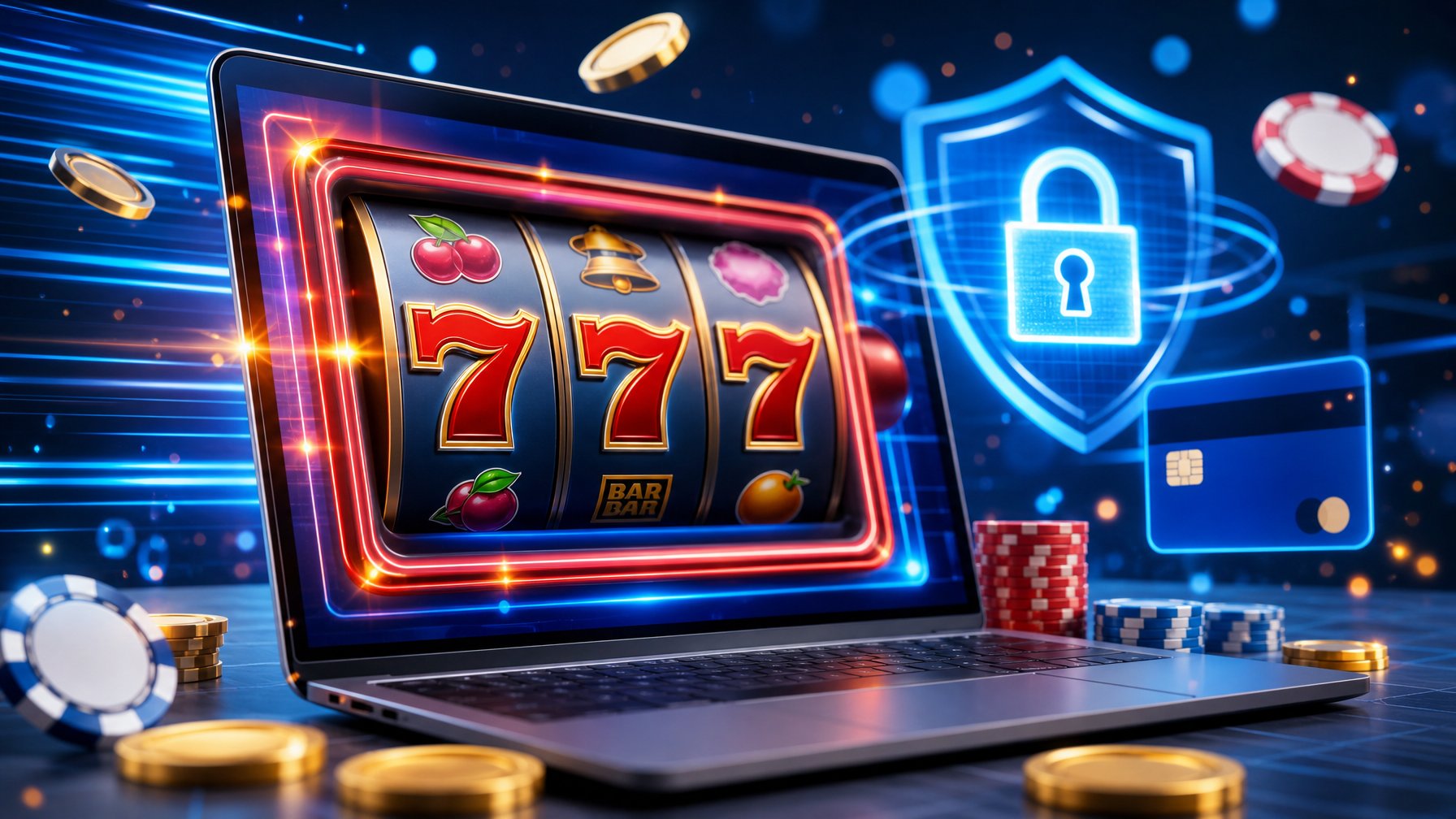 Tampilan antarmuka digital modern dengan mesin slot menampilkan angka 777 dan simbol keamanan transaksi cepat.