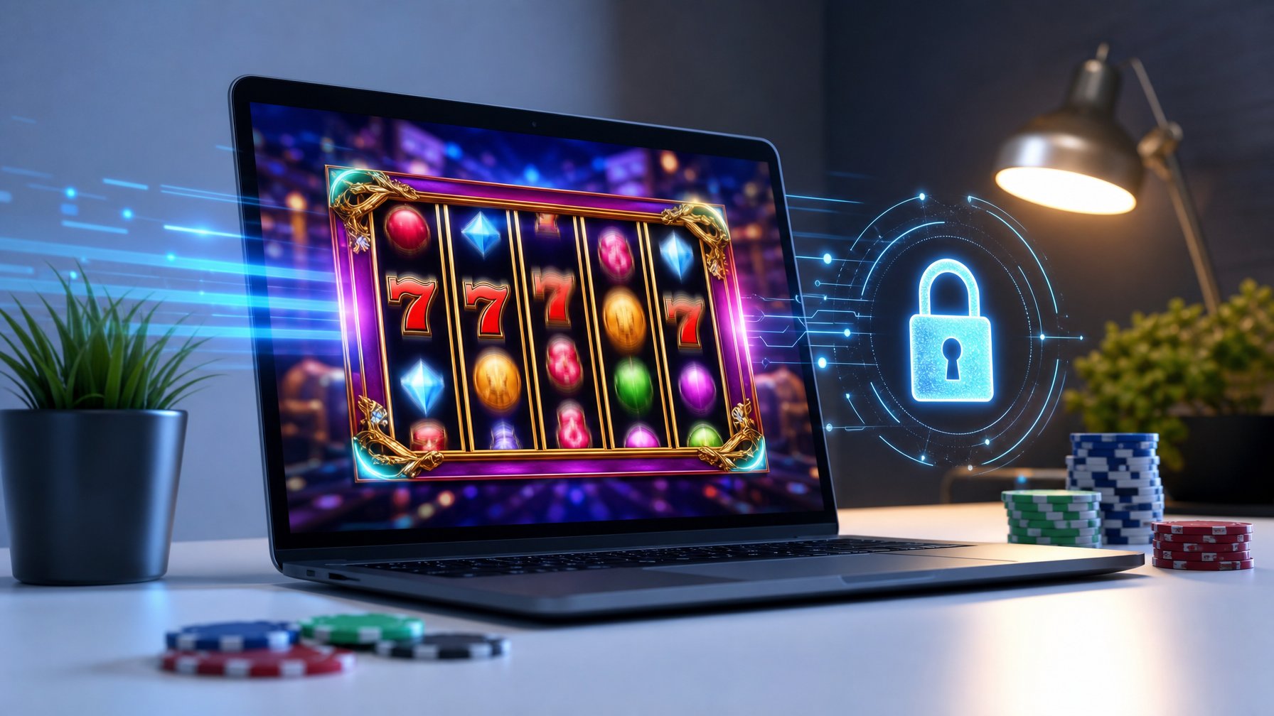 Seseorang menggunakan komputer dengan tampilan permainan slot online yang berwarna-warni, dikelilingi ikon keamanan dan elemen yang menunjukkan transaksi cepat.