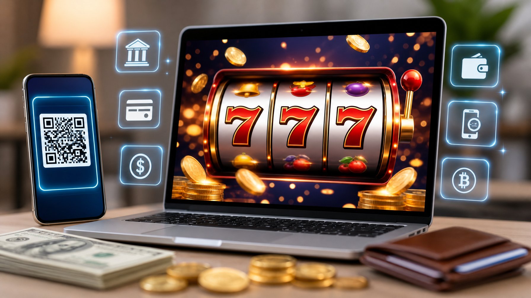 Sebuah perangkat digital menampilkan mesin slot dengan angka 777 dan simbol pembayaran digital seperti kode QR dan dompet elektronik di atas meja kerja yang rapi.