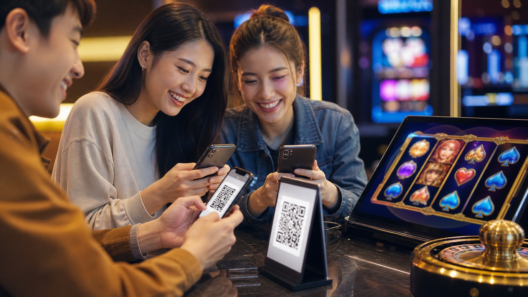 Sekelompok orang muda menggunakan ponsel untuk melakukan pembayaran digital dengan QR code di lingkungan modern yang menyerupai ruang permainan slot online.