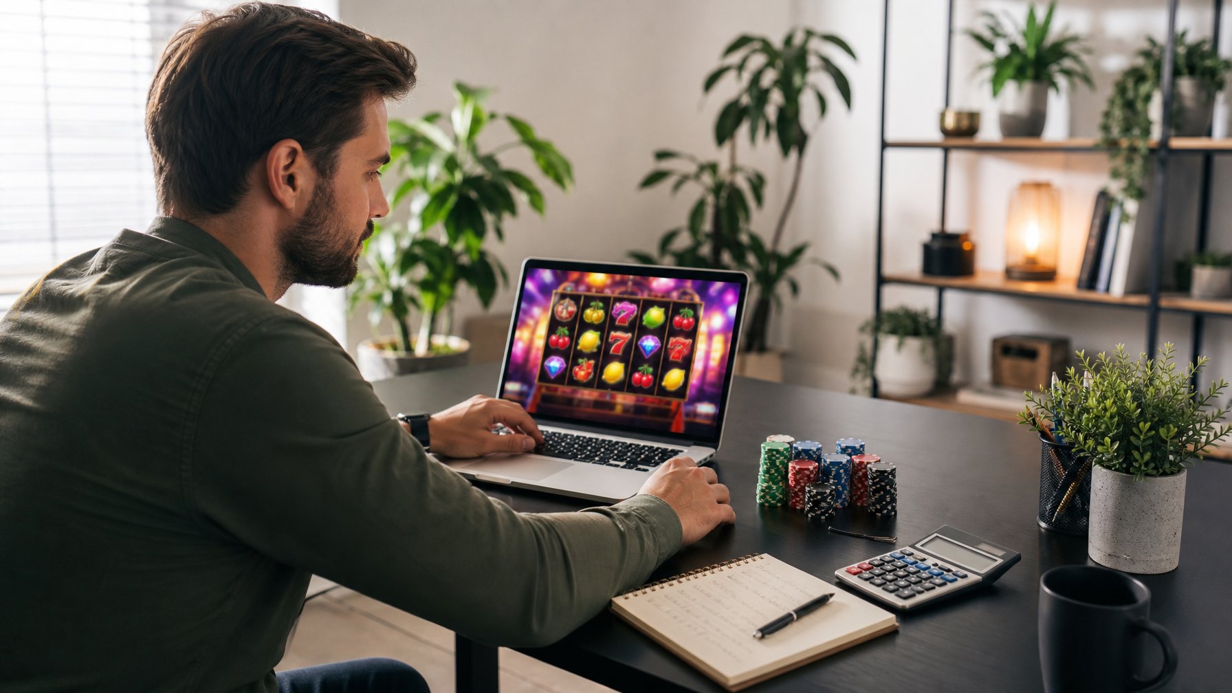 Seorang pria muda duduk di meja modern bermain permainan slot online dengan laptop, di meja terdapat tumpukan chip poker, kalkulator, dan buku catatan, di ruang kerja yang nyaman.