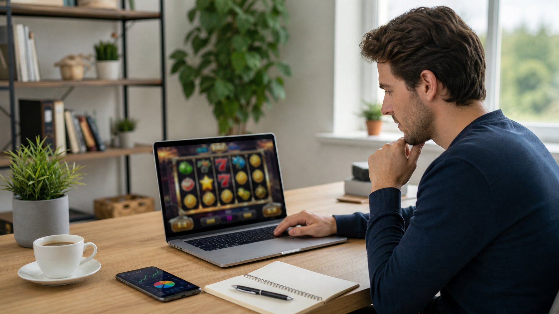 Seorang dewasa muda serius duduk di meja kerja modern bermain permainan slot online dengan laptop, di sekelilingnya terdapat alat tulis dan grafik keuangan.
