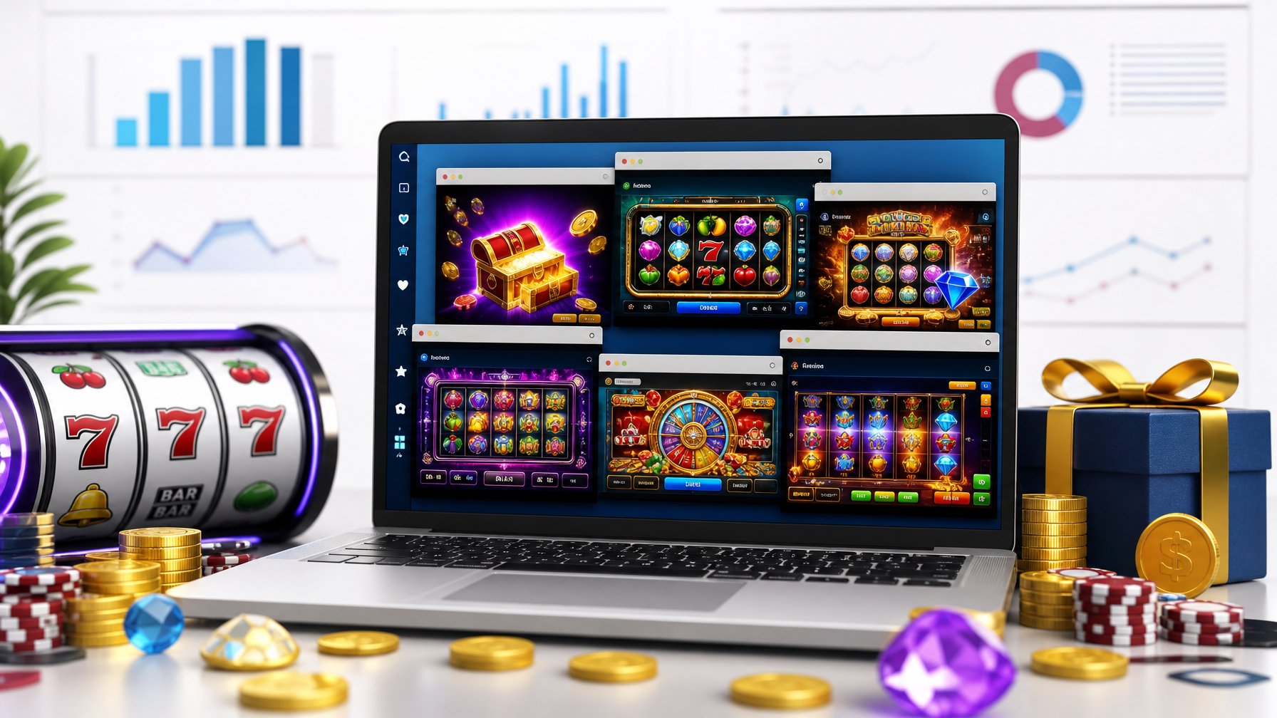 Meja kerja modern dengan laptop yang menampilkan berbagai permainan slot online dan ikon bonus serta koin digital di sekitarnya.