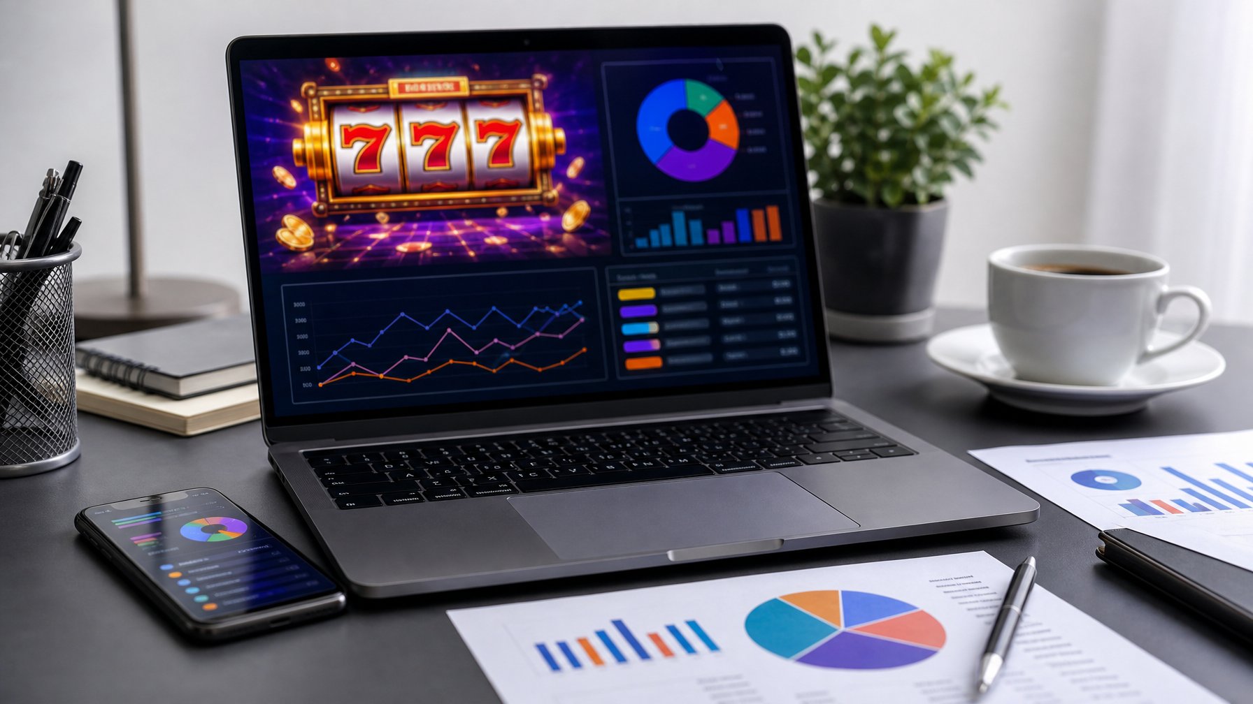Sebuah meja kerja modern dengan komputer menampilkan grafik mesin slot dan dokumen yang rapi, menggambarkan analisis fitur platform Slot 777 Deluxe.