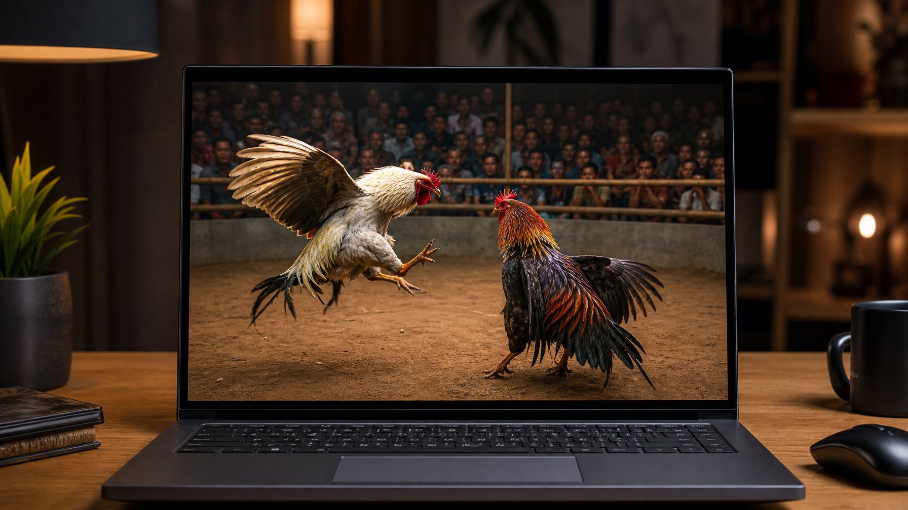 Sebuah layar komputer menampilkan siaran langsung adu ayam dengan dua ayam jago bertarung di arena tradisional, di dalam ruangan yang nyaman.