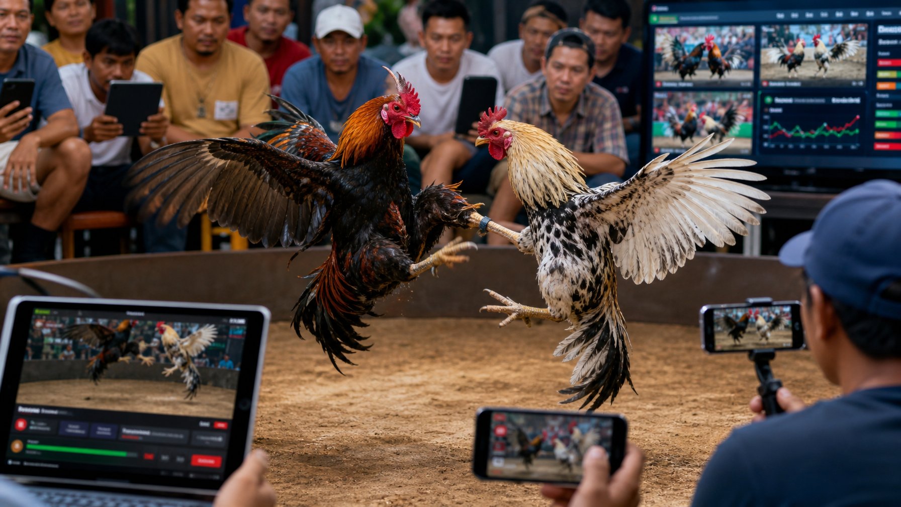 Dua ayam jago sedang bertarung di arena dengan beberapa penonton yang menonton menggunakan perangkat digital.