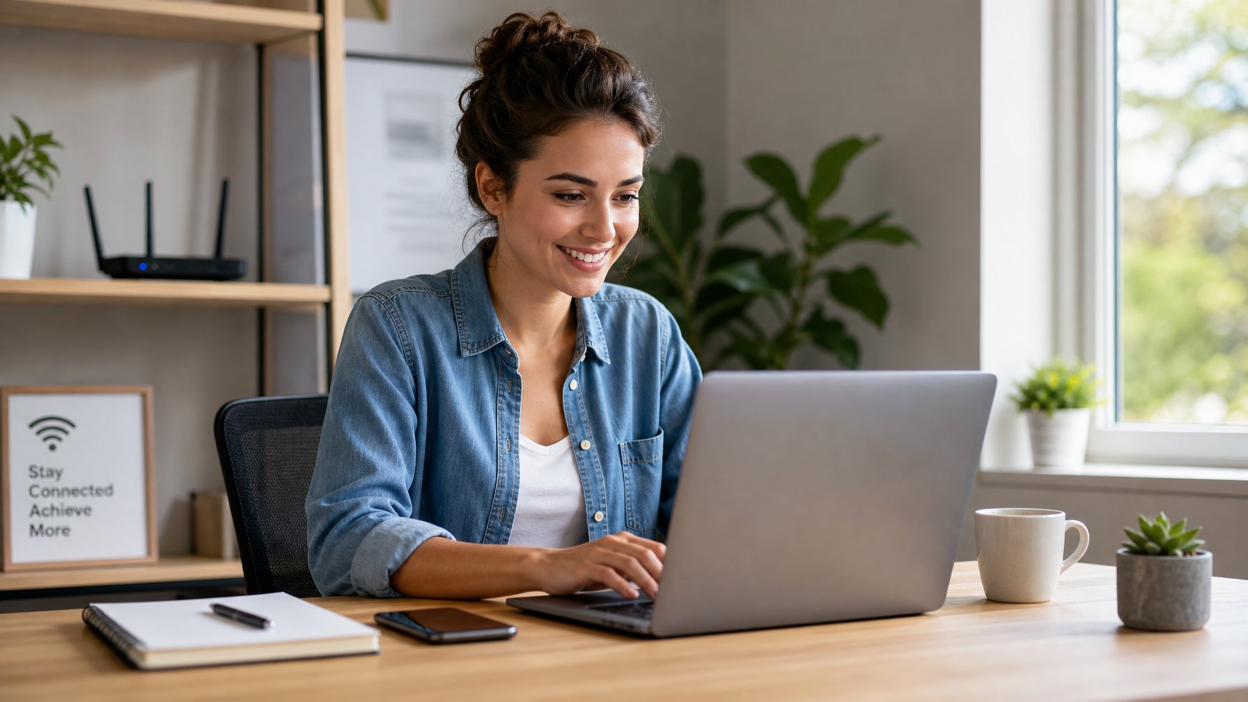 Seorang wanita muda sedang menggunakan laptop di meja kerja di rumah dengan ekspresi fokus dan senang.