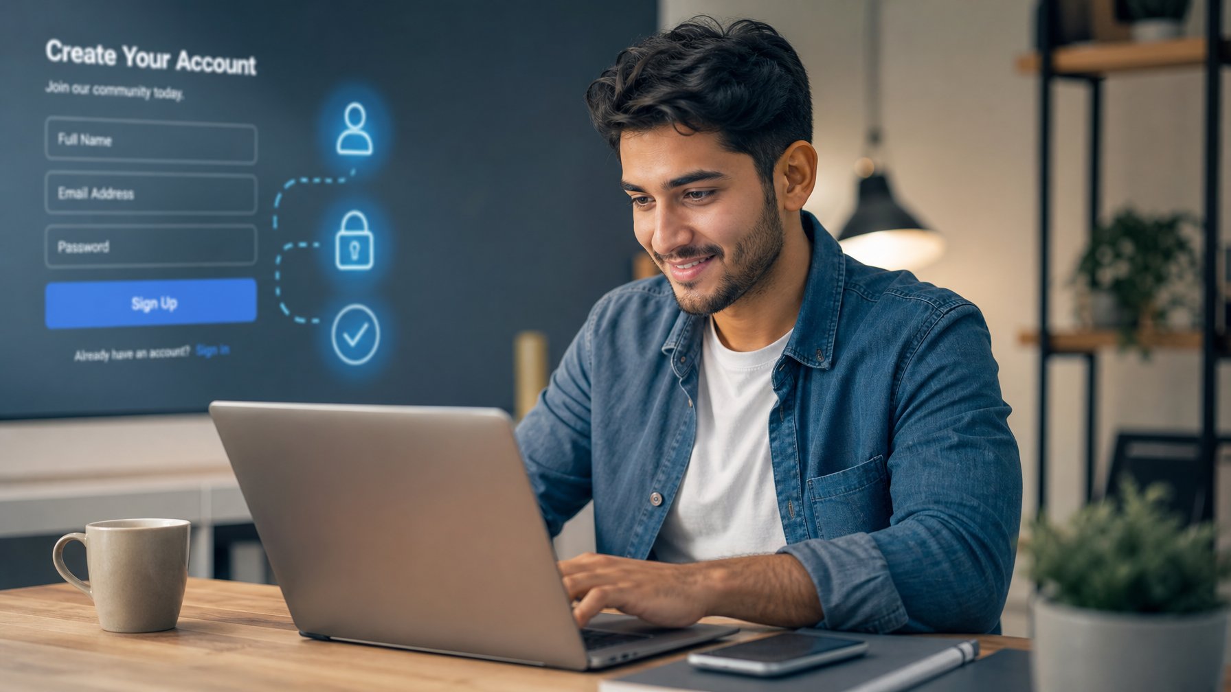 Seorang pria muda duduk di meja dengan laptop, fokus mendaftar layanan online dalam ruangan yang terang dan rapi.