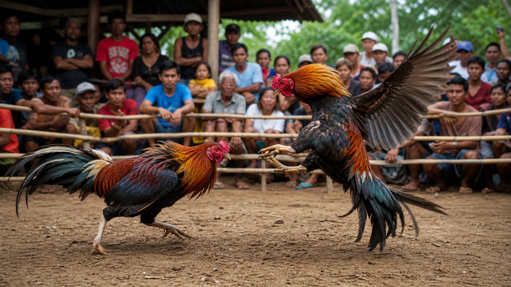 Dua ayam jago sedang bertarung di arena luar ruangan dengan penonton yang memperhatikan di sekeliling.