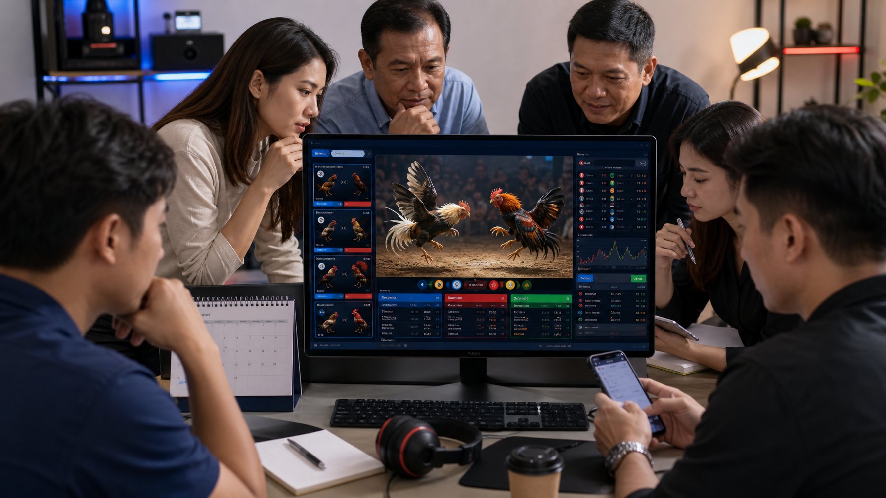 Sebuah ruangan dengan komputer yang menampilkan pertandingan sabung ayam online dan beberapa orang yang sedang memperhatikan layar dengan serius.