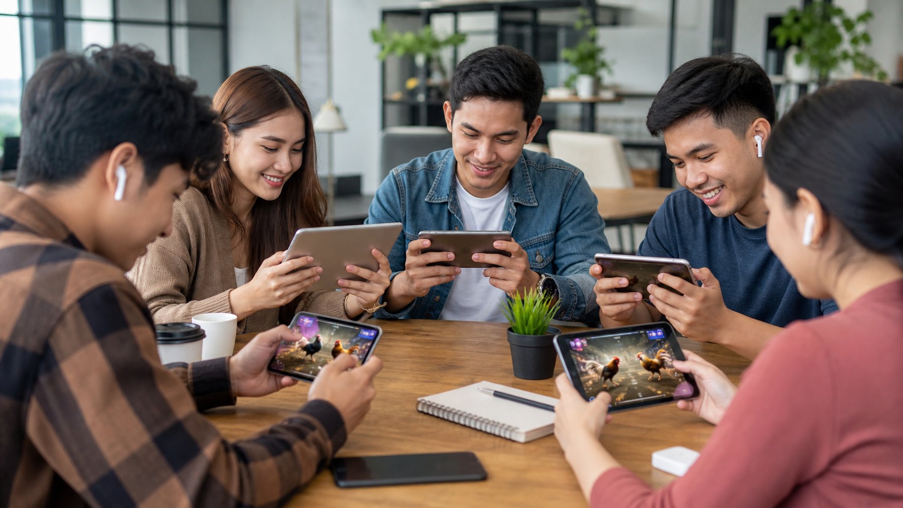 Beberapa orang muda menggunakan ponsel dan tablet untuk bermain game online sabung ayam di ruangan terang dengan meja kayu dan kursi nyaman.