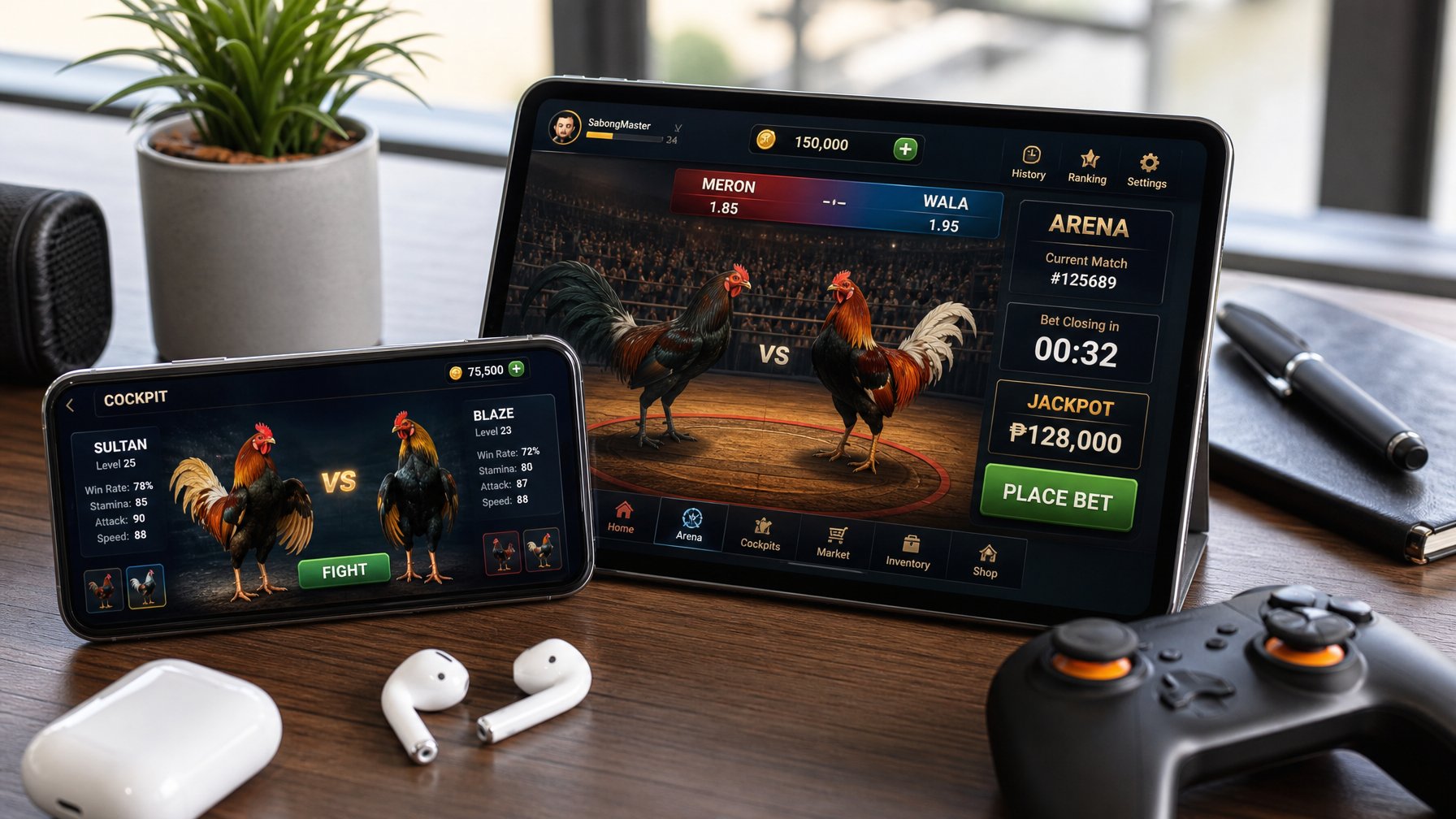 Meja kerja dengan smartphone dan tablet menampilkan aplikasi permainan, dilengkapi dengan aksesori game.
