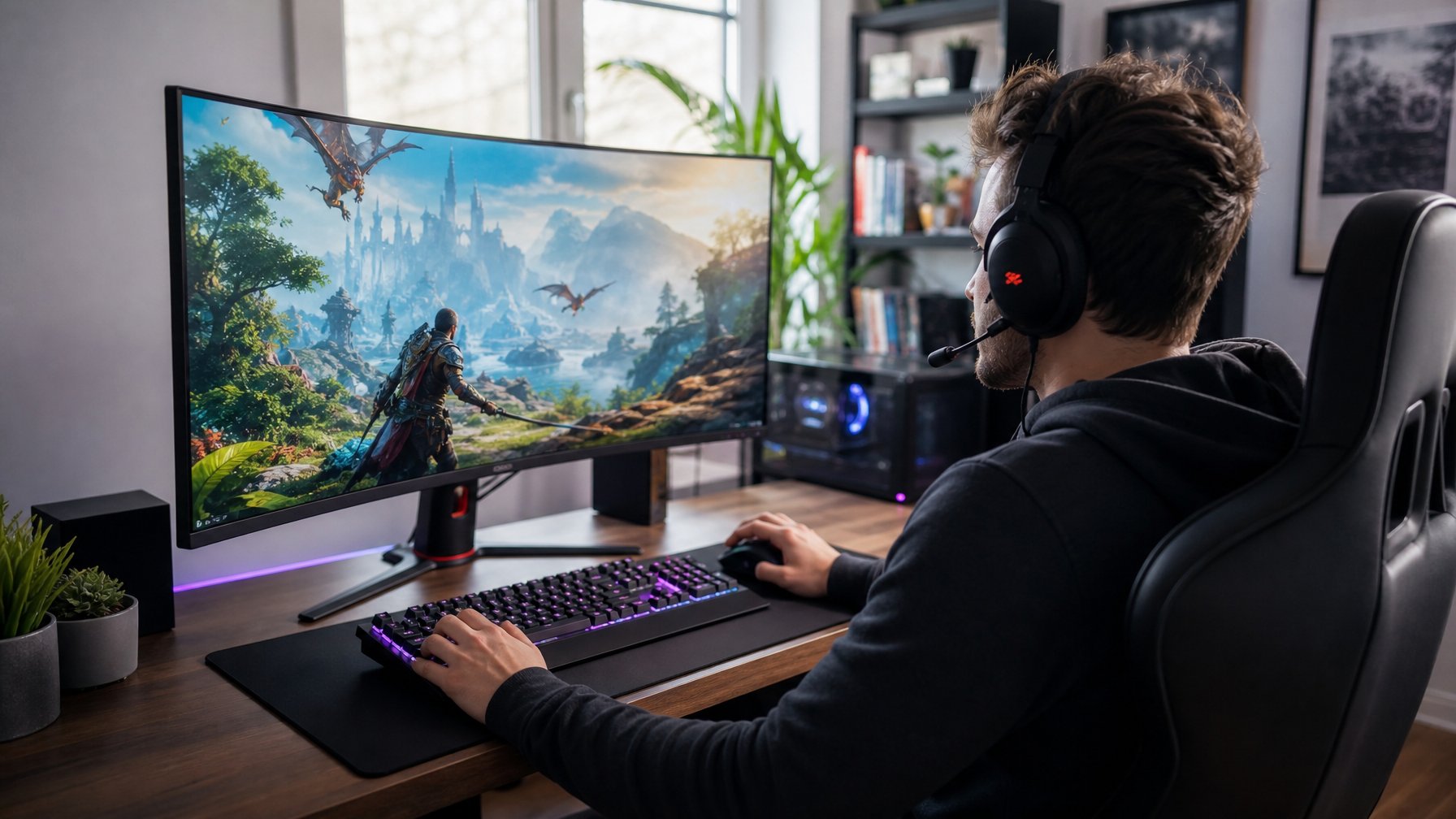 Seorang pria muda sedang bermain game online di sebuah meja kerja dengan komputer layar besar di ruangan yang terang dan rapi.