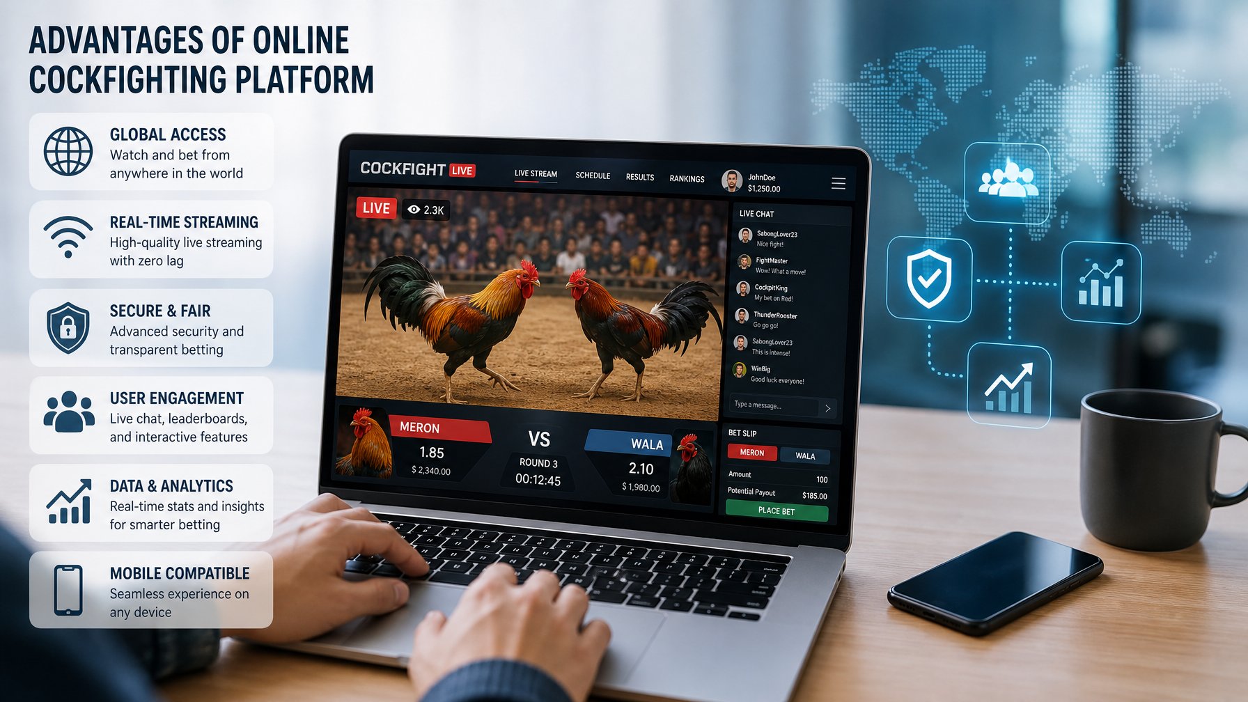Seseorang menggunakan laptop dengan tampilan streaming sabung ayam online di meja kerja modern.