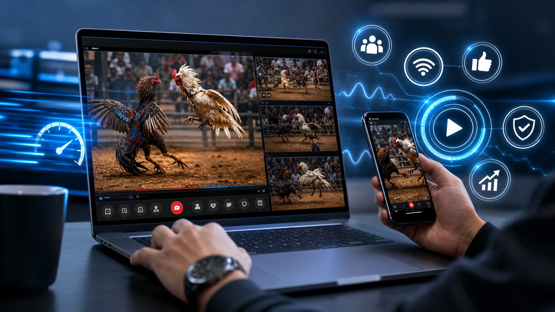 Seorang pengguna menggunakan perangkat digital dengan tampilan streaming langsung Sabung Ayam, dikelilingi oleh elemen grafis yang menunjukkan kecepatan dan keandalan platform.