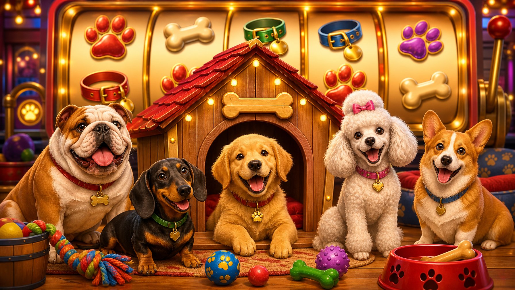 A Cozy Dog House Surrounded By Happy Dogs Of Various Breeds With Playful Toys And Subtle Slot Machine Symbols In The Background.