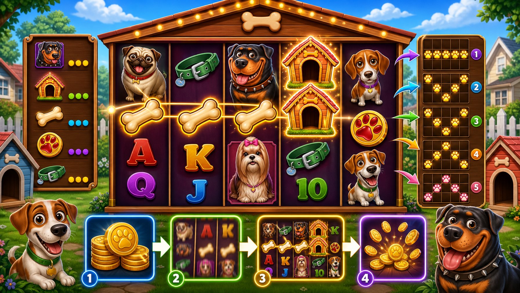 A Colorful Slot Machine With DogThemed Symbols Like Puppies, Bones, And Paw Prints, Set Against A Neighborhood With Dog Houses And Lawns, Showing Game Flow With Arrows And Glowing Highlights.