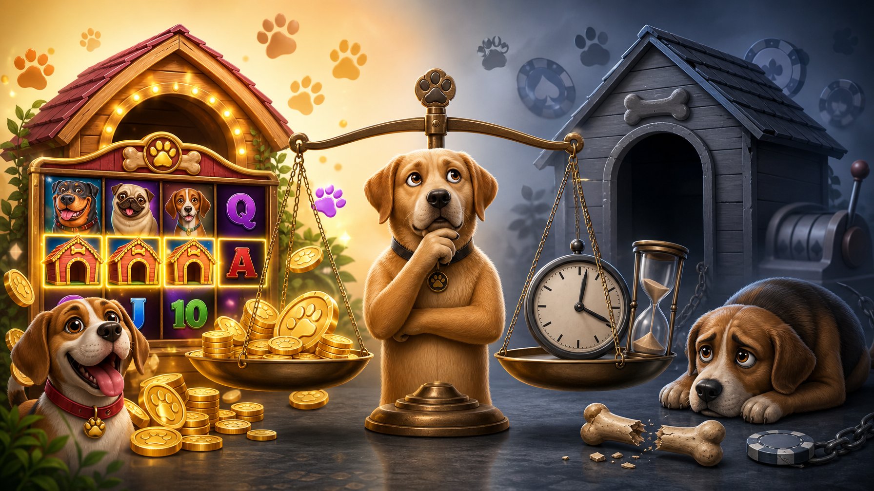 An Illustration Showing Happy Dogs And Winning Slot Symbols On One Side, Cautionary Symbols And A Worried Dog On The Other, Balanced By A Central Scale Representing A Final Assessment.