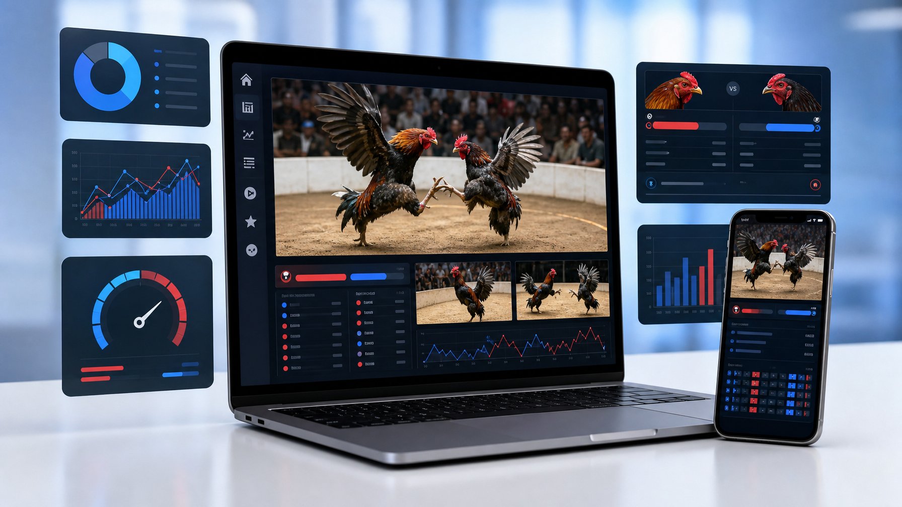 Tampilan perangkat digital yang menunjukkan siaran langsung pertandingan sabung ayam dengan grafik statistik pertandingan di layar.