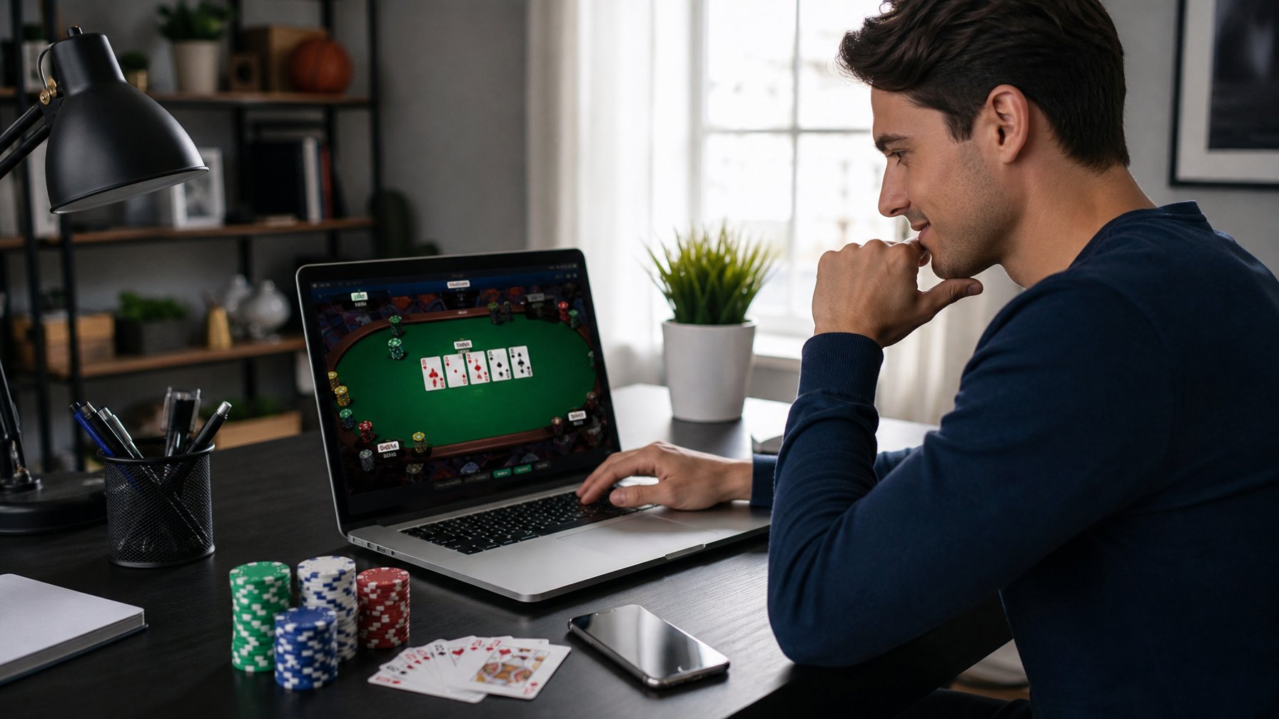 Seorang pria muda duduk di meja dengan laptop yang menampilkan permainan poker online, dikelilingi oleh chip poker dan kartu bermain.