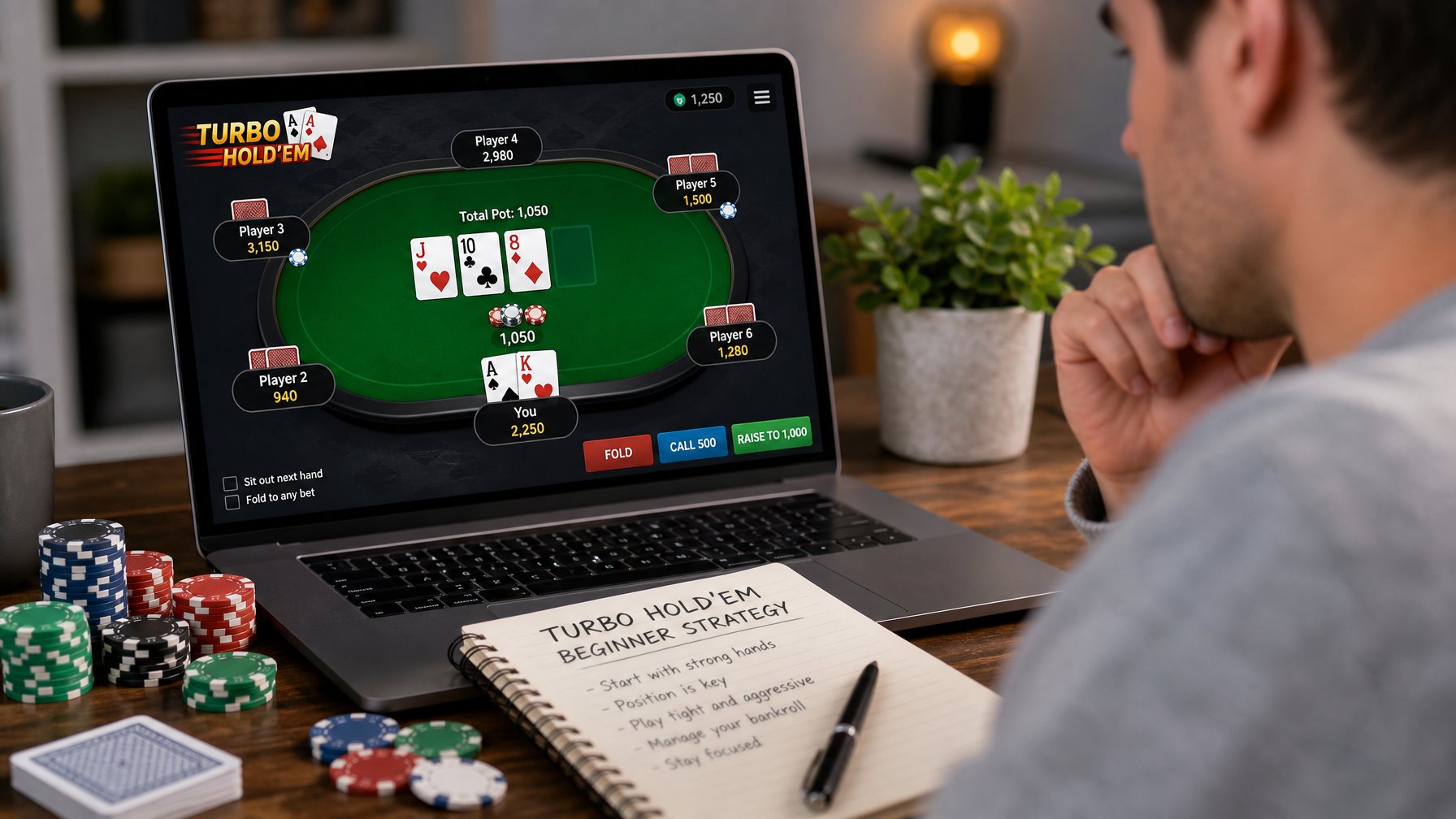 Seseorang sedang bermain Turbo Hold'em online di laptop dengan kartu dan chip poker di meja.