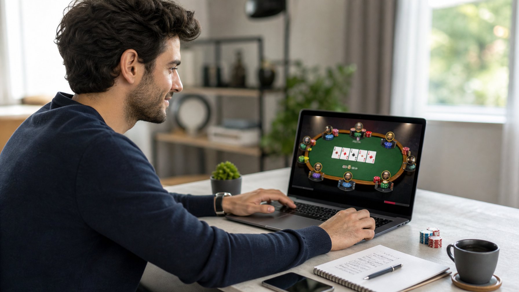 Seorang pria muda fokus bermain poker online di laptop dengan chip dan kartu di layar, duduk di meja kerja dengan catatan dan kopi di sekitarnya.