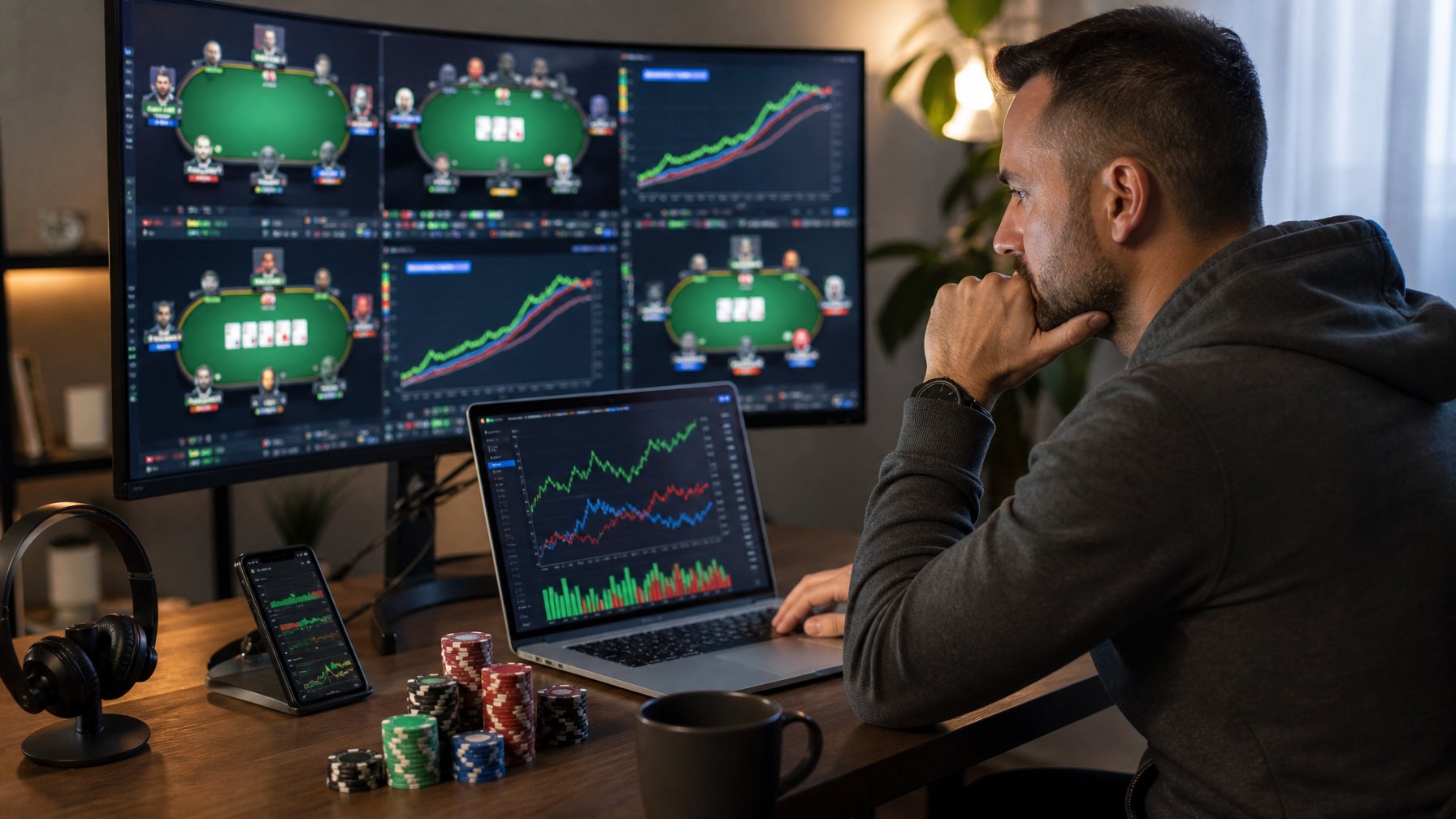 Seorang pemain poker online sedang duduk di depan komputer dengan layar menampilkan chip poker dan kartu, terlihat fokus dan serius dalam bermain.